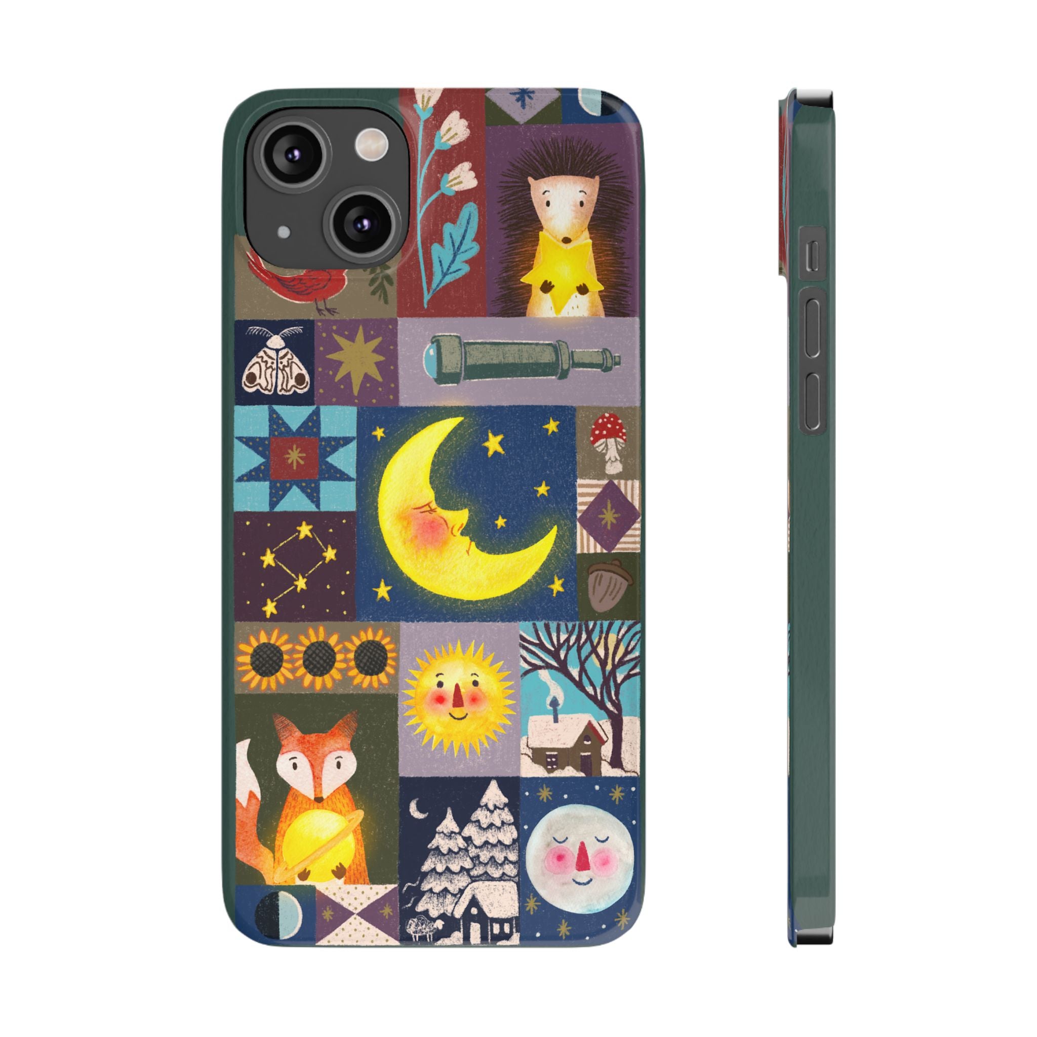 Celestial Quilt iPhone Case, Folk Art Moon Sun Fox Case, Nature Patchwork Cover, Cute Stellar Design, iPhone 7 8 X XR XS 11 12 13 14 15 16