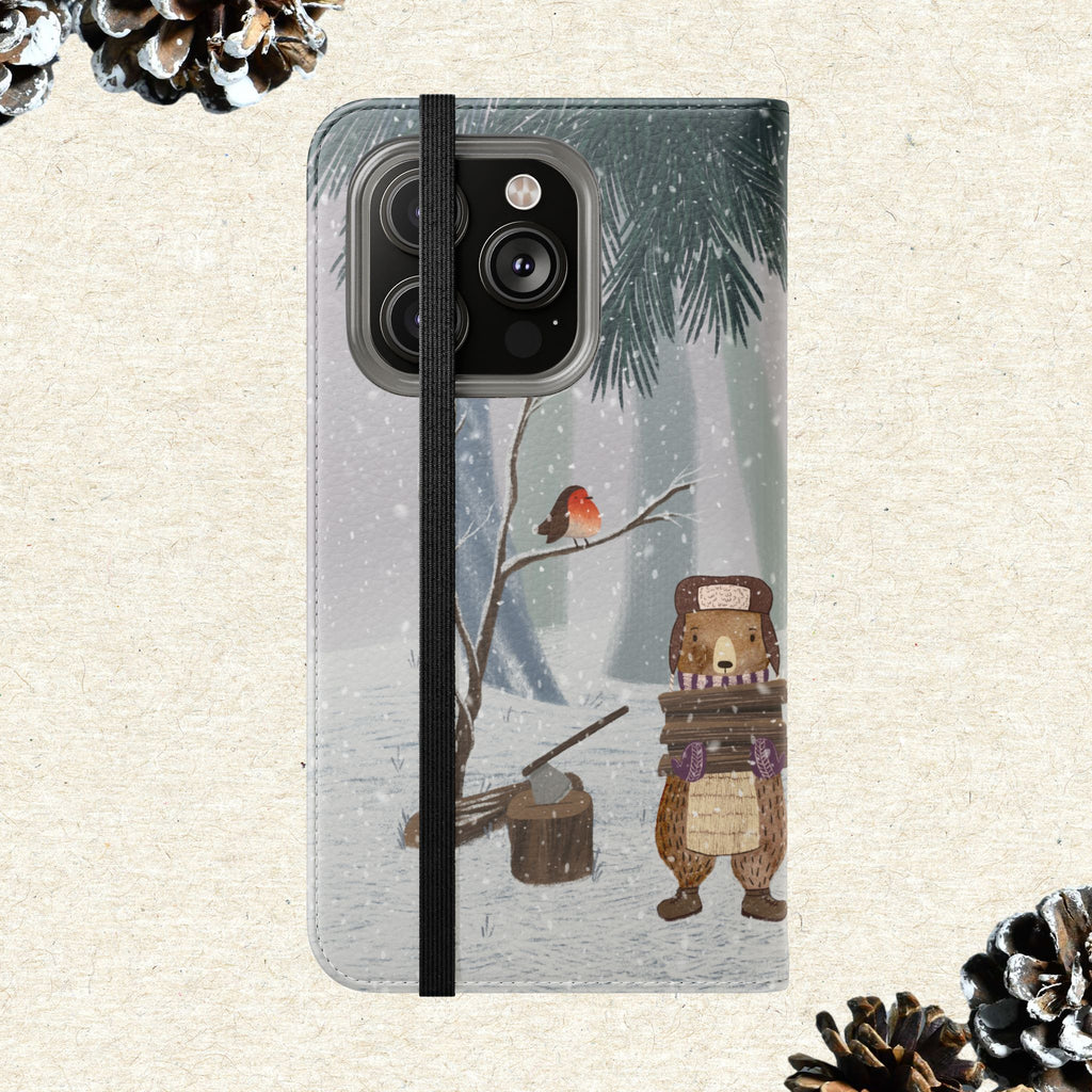 Winter Forest Friends Wallet Case, Woodland Flip Cover, Vegan Leather, Snowy Scene, Cozy Holiday, iPhone 11 12 13 14 15 16, Galaxy S21 S22