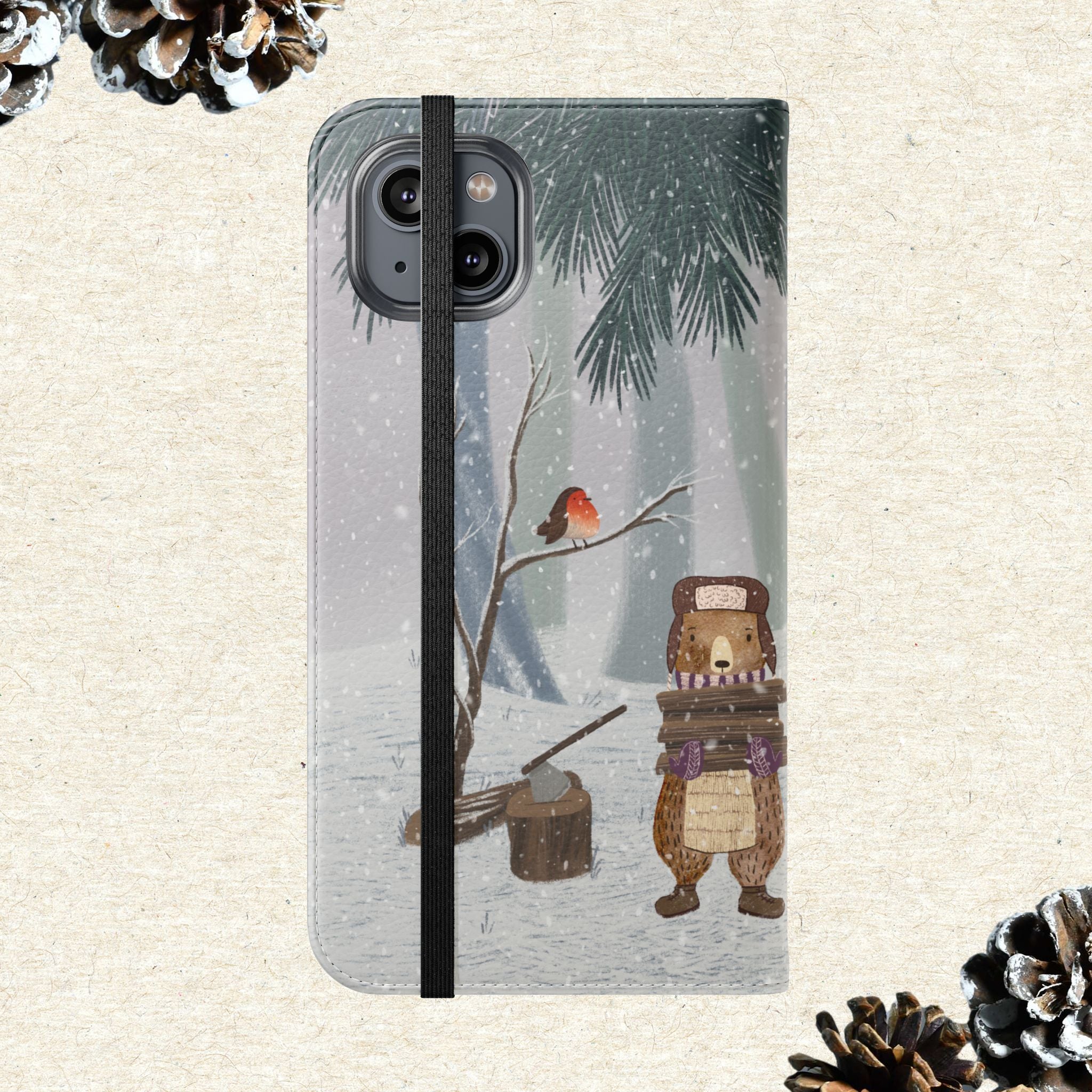 Winter Forest Friends Wallet Case, Woodland Flip Cover, Vegan Leather, Snowy Scene, Cozy Holiday, iPhone 11 12 13 14 15 16, Galaxy S21 S22