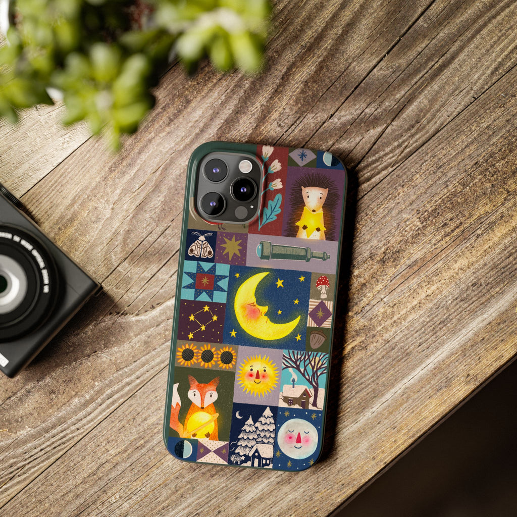 Celestial Quilt iPhone Case, Folk Art Moon Sun Fox Case, Nature Patchwork Cover, Cute Stellar Design, iPhone 7 8 X XR XS 11 12 13 14 15 16