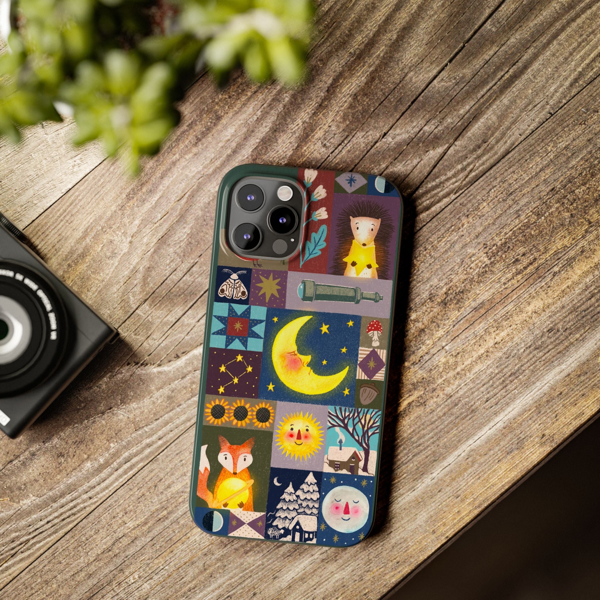 Celestial Quilt iPhone Case, Folk Art Moon Sun Fox Case, Nature Patchwork Cover, Cute Stellar Design, iPhone 7 8 X XR XS 11 12 13 14 15 16