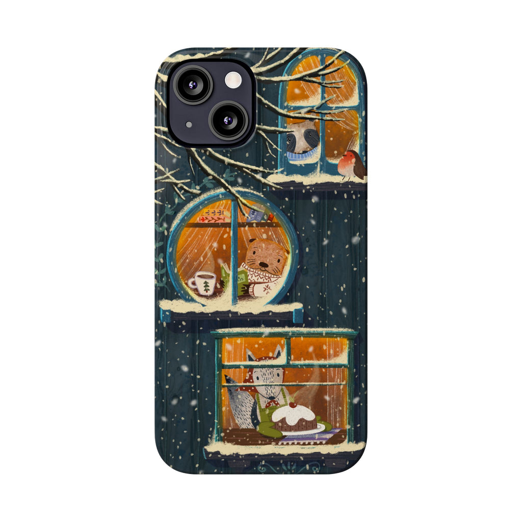 Cute Winter Animals Cozy Home iPhone Case, Woodland Cottage Cover, Treehouse at Night, Raccoon Bear Fox, iPhone 16 15 14 13 12 11 X XR 8 7
