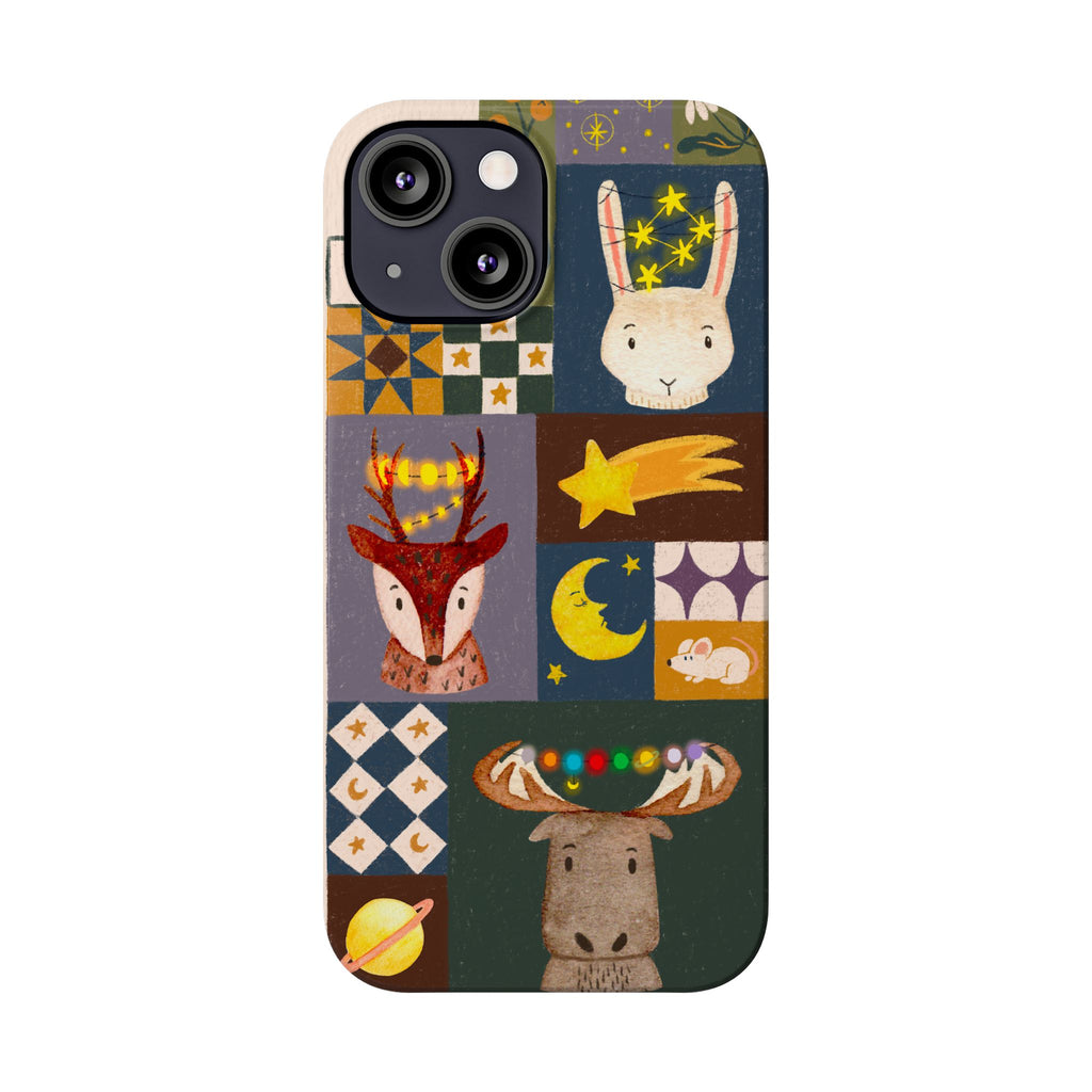Holiday Night Sky Slim Case, Cute Forest Creatures iPhone Cover, Bunny Deer Moose, iPhone 7 8 X XR XS 11 12 13 14 15 16