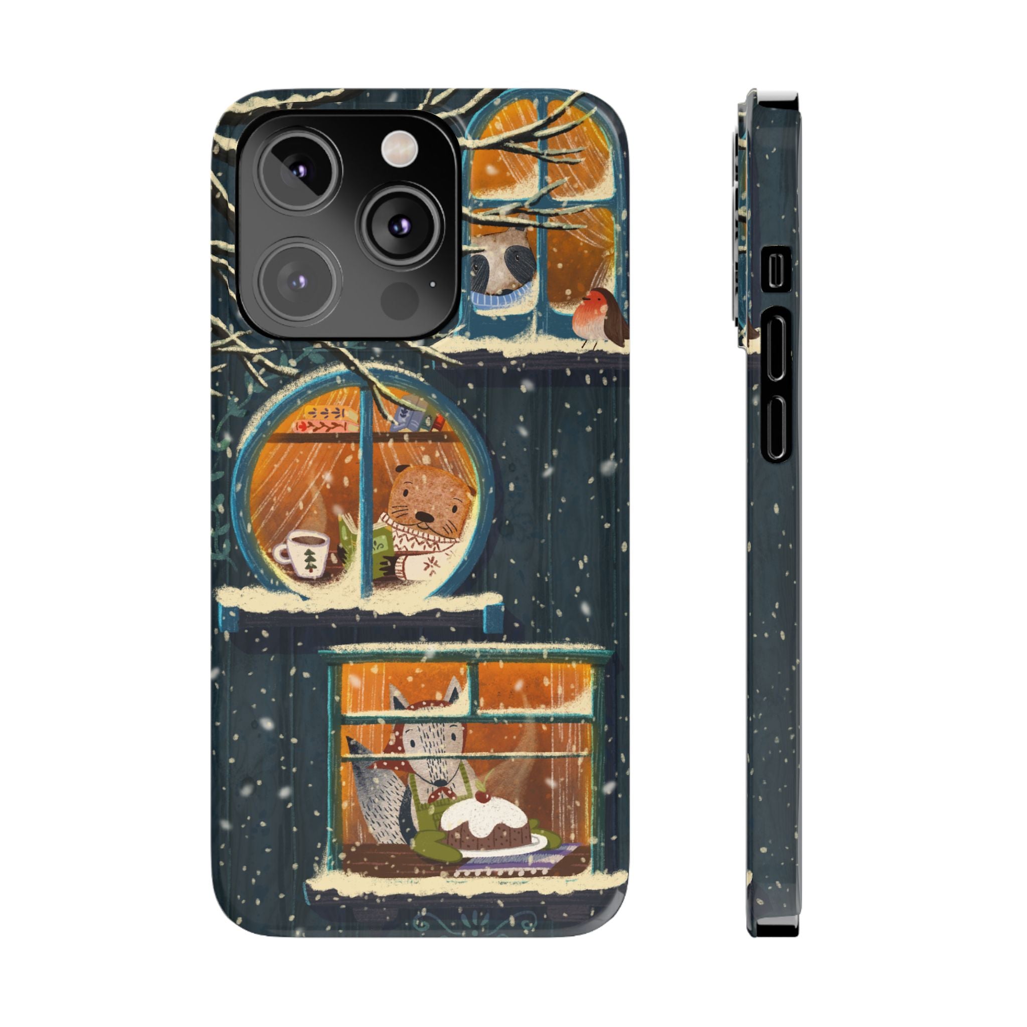 Cute Winter Animals Cozy Home iPhone Case, Woodland Cottage Cover, Treehouse at Night, Raccoon Bear Fox, iPhone 16 15 14 13 12 11 X XR 8 7