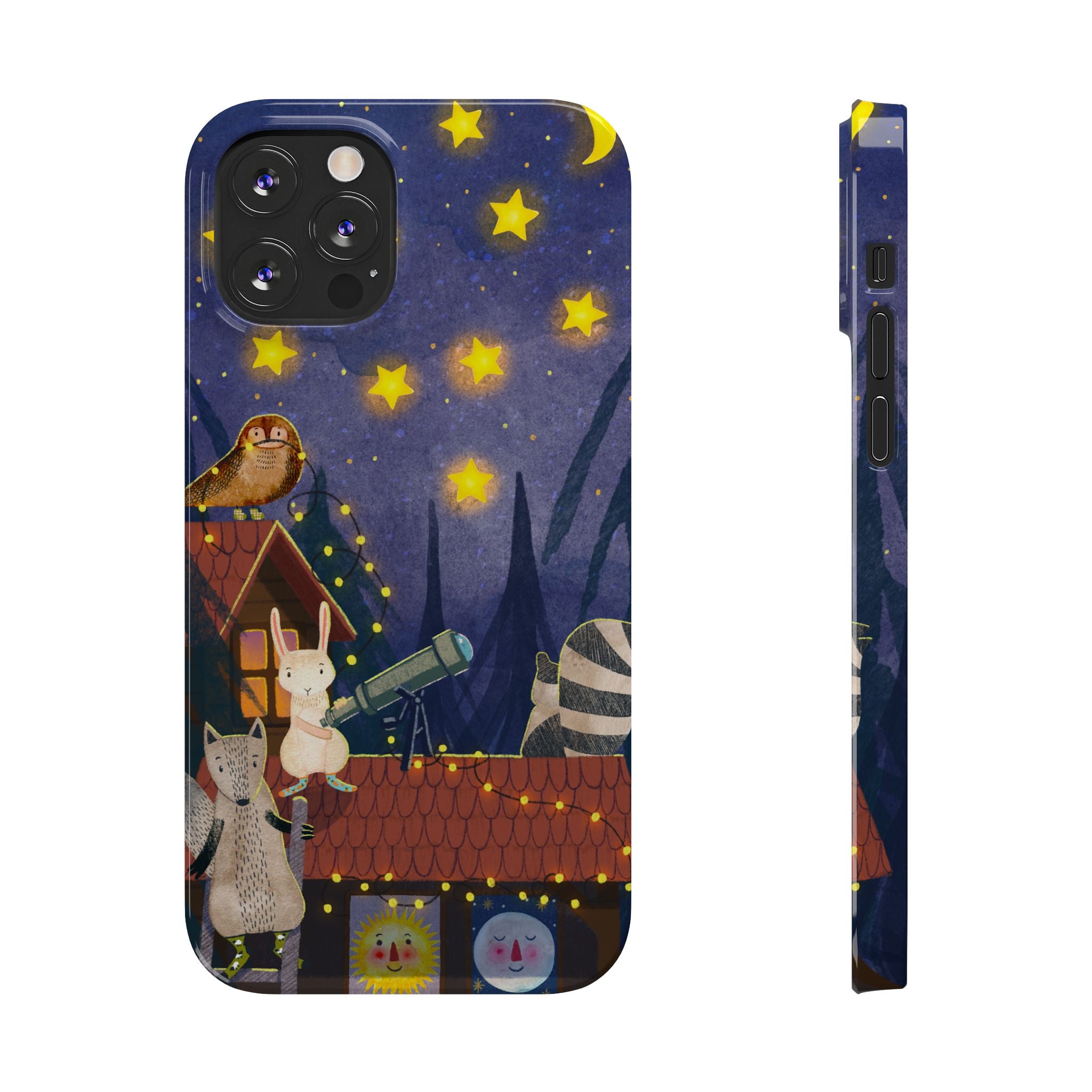 Stargazing Animals Slim iPhone Case, Night Sky Observatory Cover, Cute Forest Gift, Starry Night Gift, iPhone 16 15 14 13 12 11 X XR XS 8 7
