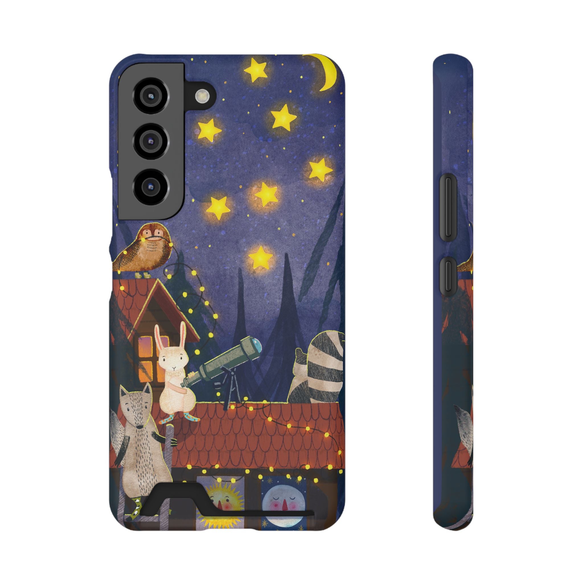 Stargazing Animals Phone Case With Card Holder - Cute Animal Design for Kids, Gift for Urban Explorers, Night Sky Vibes, Fun Accessory