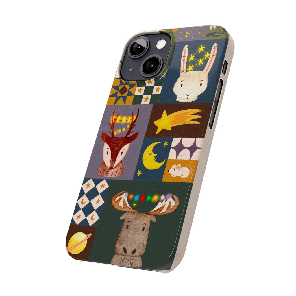 Holiday Night Sky Slim Case, Cute Forest Creatures iPhone Cover, Bunny Deer Moose, iPhone 7 8 X XR XS 11 12 13 14 15 16