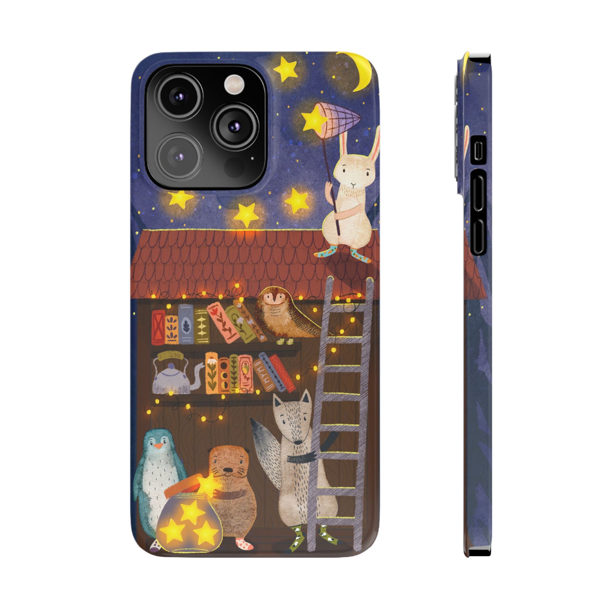 Starlit Library Phone Case, Woodland Animals iPhone Case, Cozy Night Scene Cover, Cute Animals Case Gift, iPhone 7 8 X XR 11 12 13 14 15 16