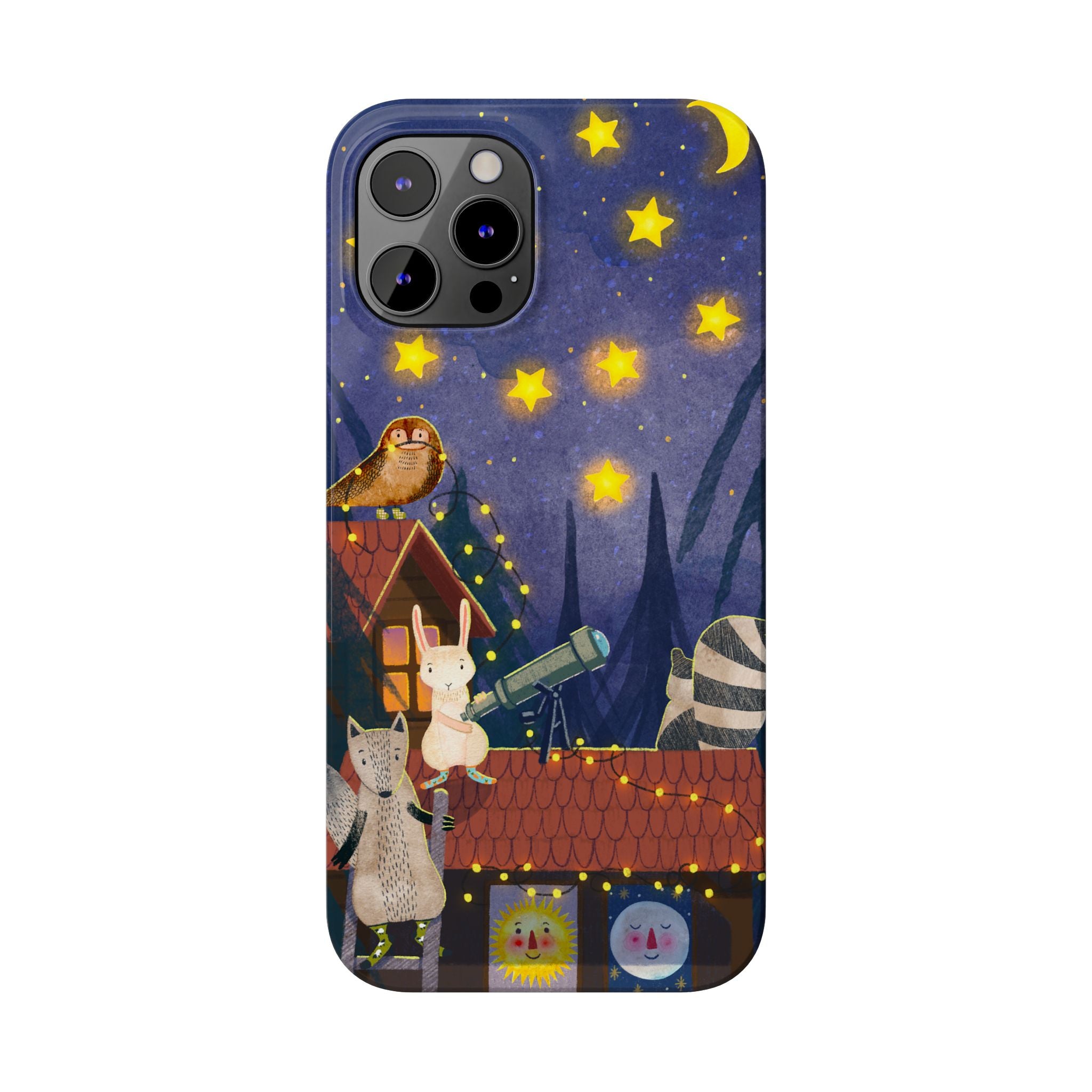 Stargazing Animals Slim iPhone Case, Night Sky Observatory Cover, Cute Forest Gift, Starry Night Gift, iPhone 16 15 14 13 12 11 X XR XS 8 7