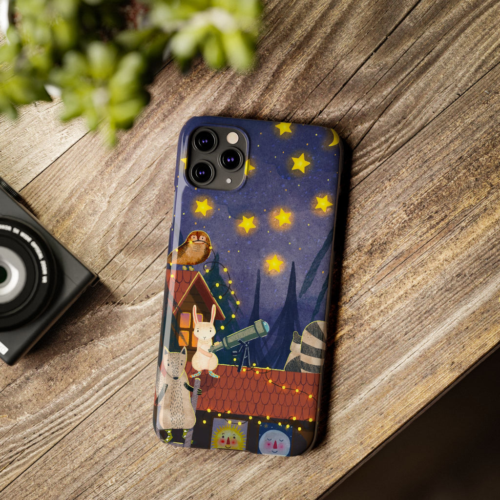Stargazing Animals Slim iPhone Case, Night Sky Observatory Cover, Cute Forest Gift, Starry Night Gift, iPhone 16 15 14 13 12 11 X XR XS 8 7