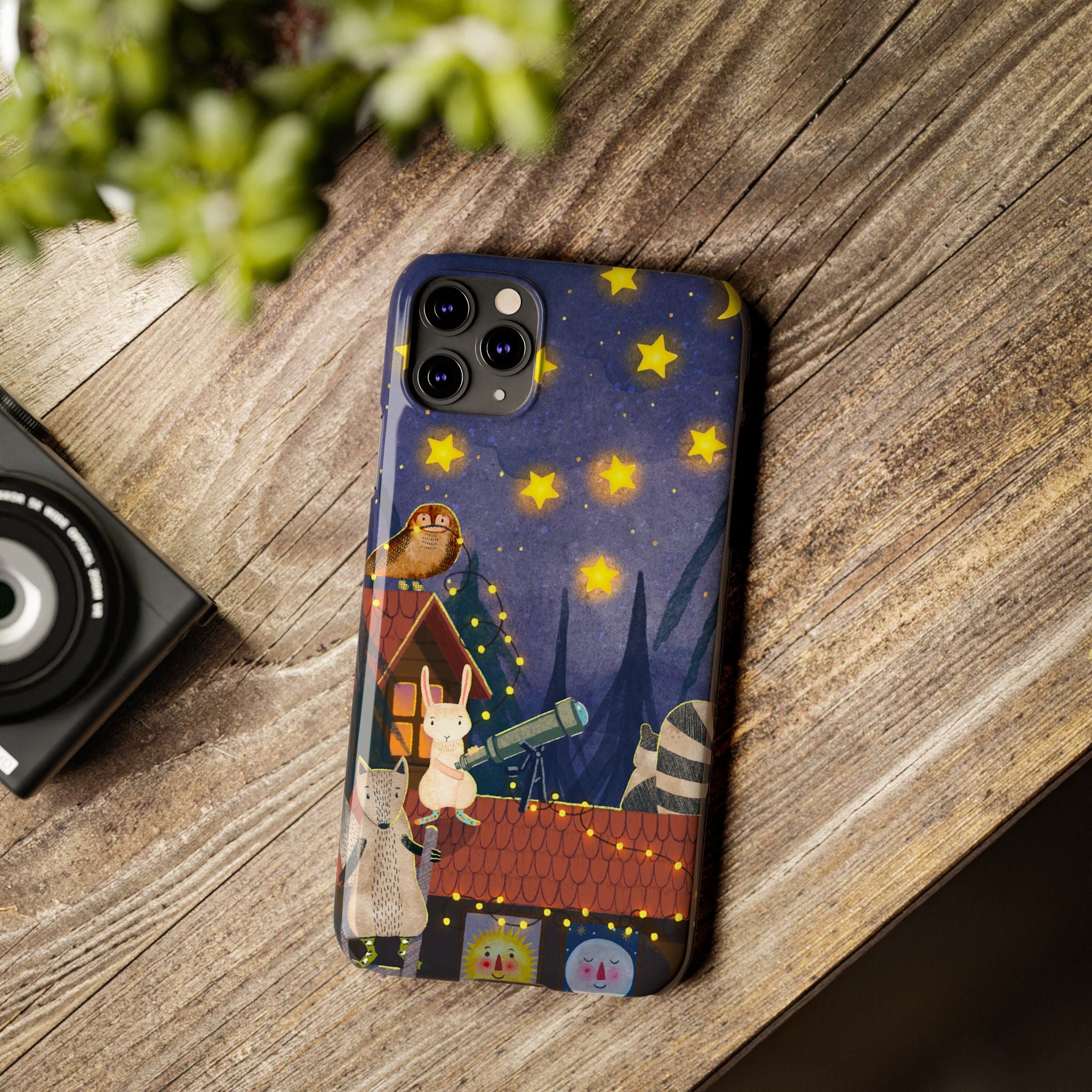 Stargazing Animals Slim iPhone Case, Night Sky Observatory Cover, Cute Forest Gift, Starry Night Gift, iPhone 16 15 14 13 12 11 X XR XS 8 7
