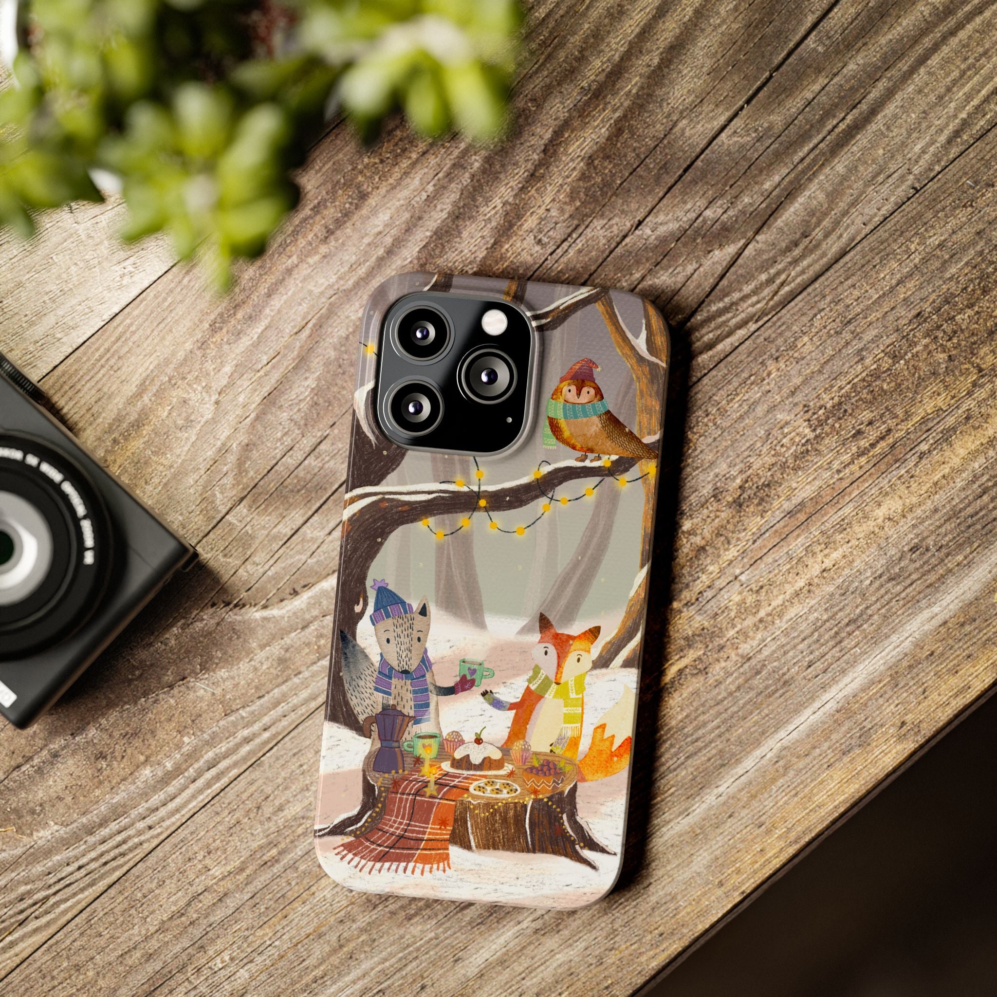 Cozy Winter Animals Slim iPhone Case, Cute Fox & Owl Design, Winter Theme Holiday Gift, Cute Phone Cover Gift, iPhone 16 15 14 13 12 11 X XR