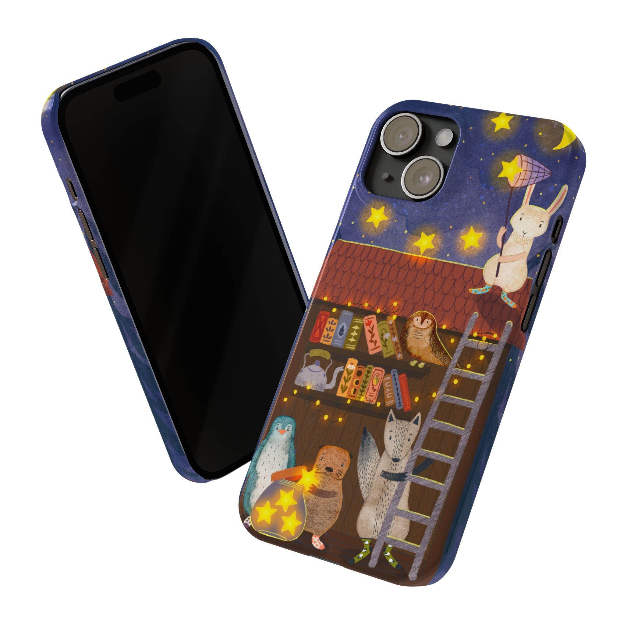 Starlit Library Phone Case, Woodland Animals iPhone Case, Cozy Night Scene Cover, Cute Animals Case Gift, iPhone 7 8 X XR 11 12 13 14 15 16