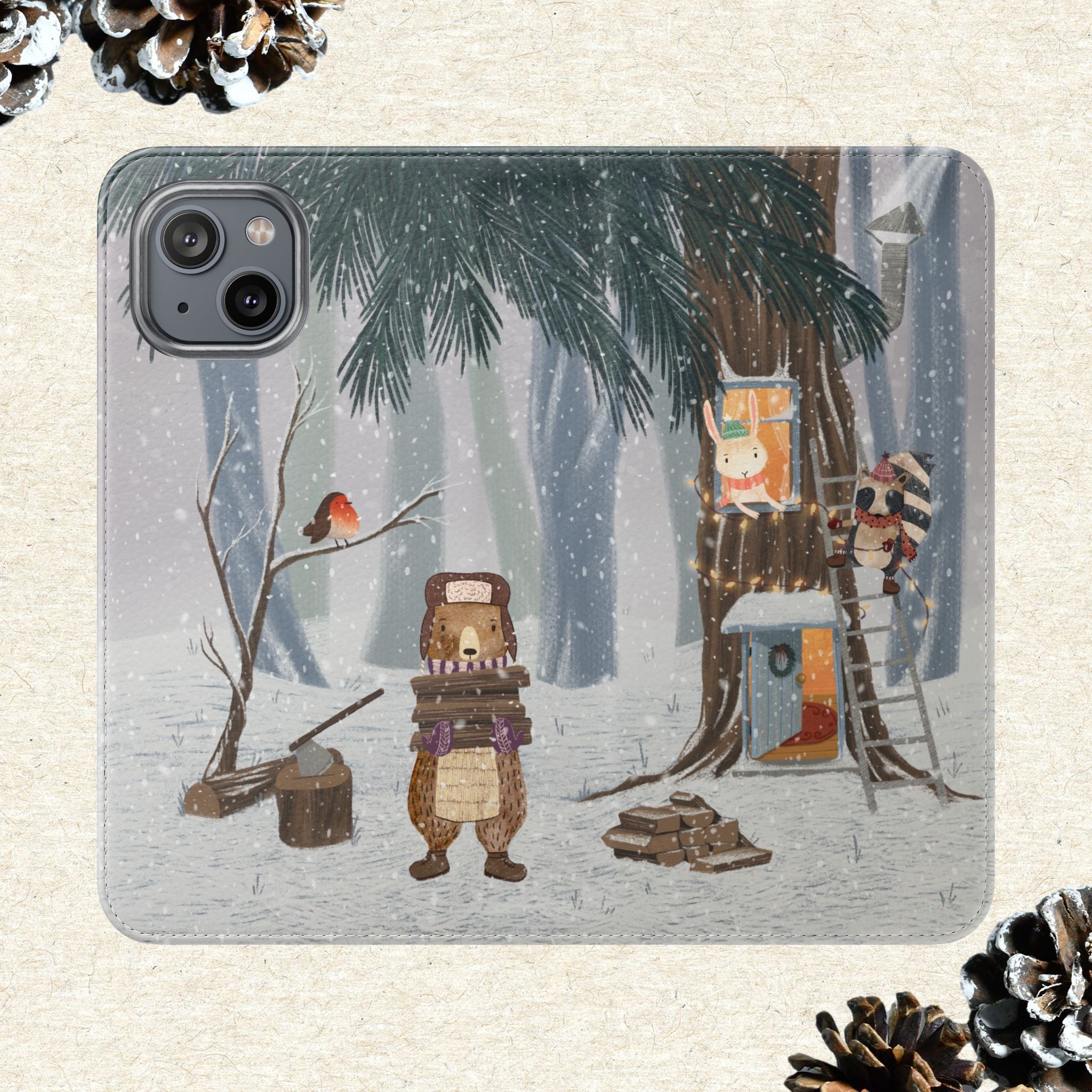 Winter Forest Friends Wallet Case, Woodland Flip Cover, Vegan Leather, Snowy Scene, Cozy Holiday, iPhone 11 12 13 14 15 16, Galaxy S21 S22