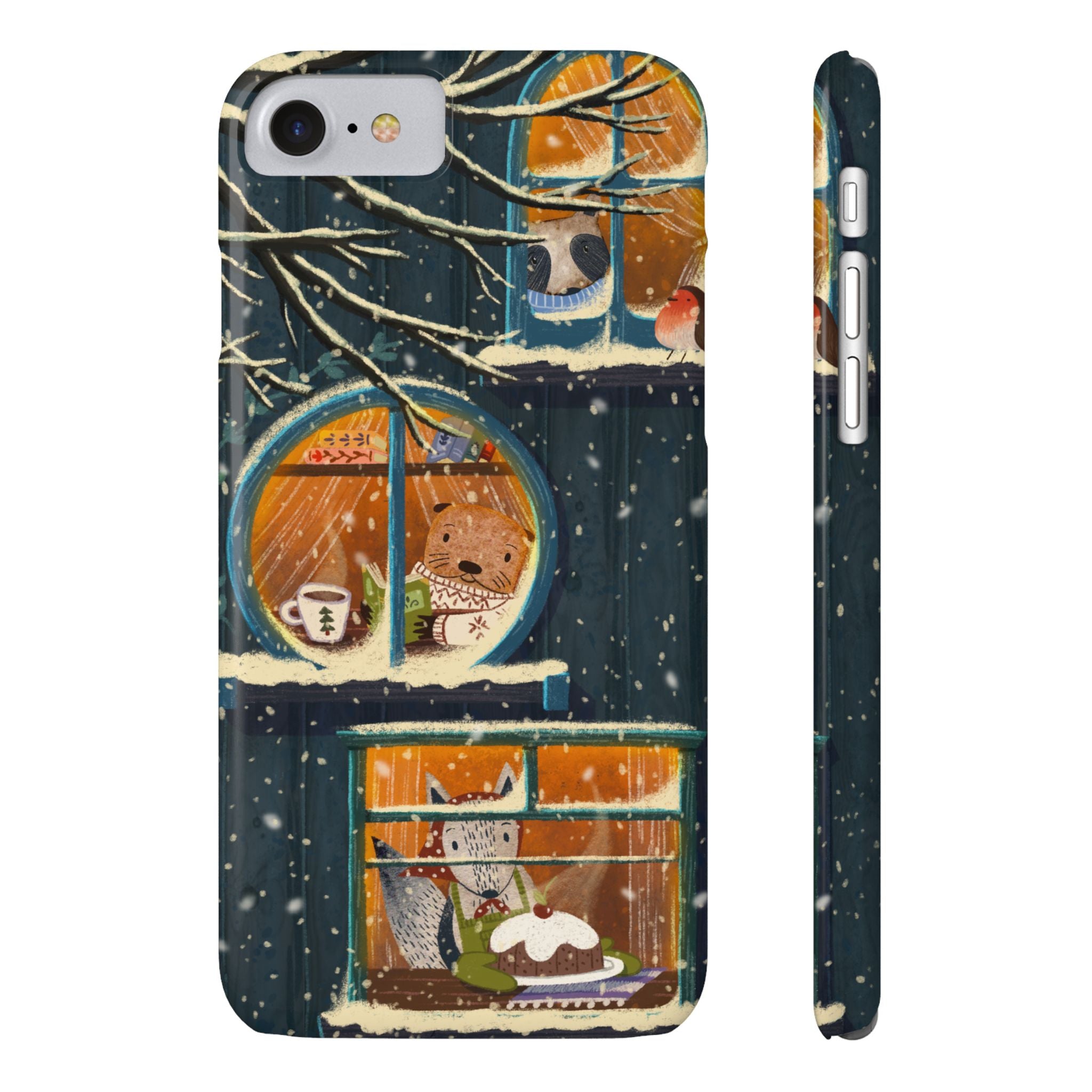 Cute Winter Animals Cozy Home iPhone Case, Woodland Cottage Cover, Treehouse at Night, Raccoon Bear Fox, iPhone 16 15 14 13 12 11 X XR 8 7