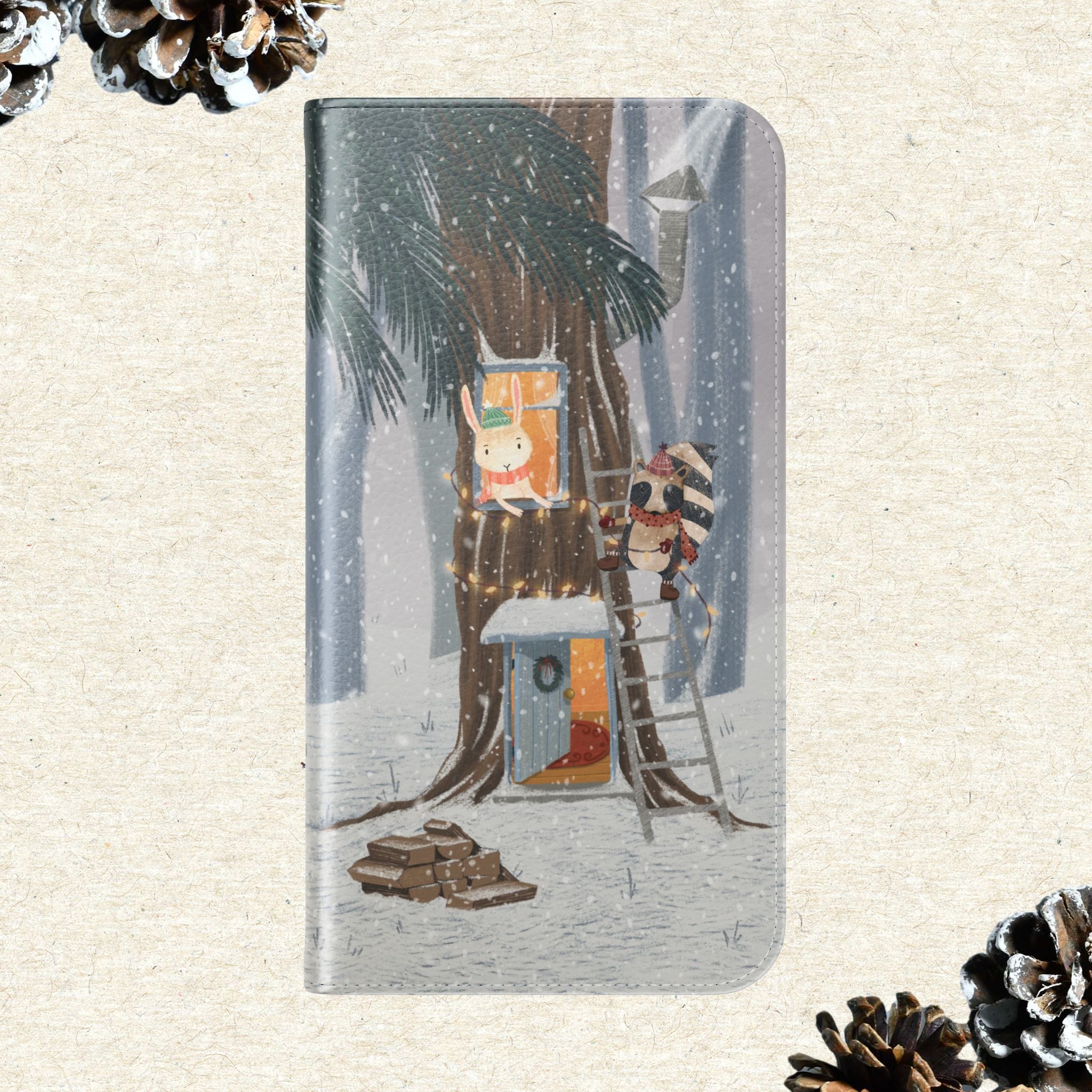 Winter Forest Friends Wallet Case, Woodland Flip Cover, Vegan Leather, Snowy Scene, Cozy Holiday, iPhone 11 12 13 14 15 16, Galaxy S21 S22