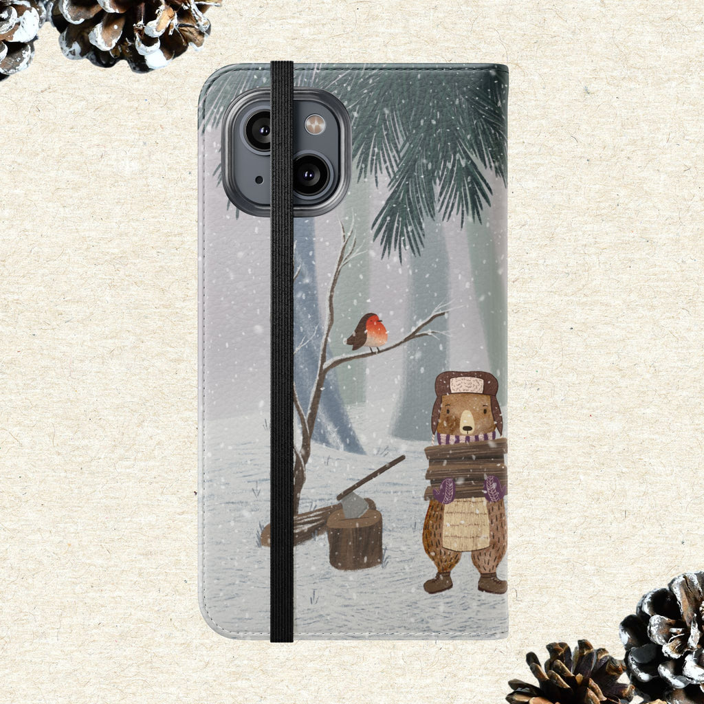 Winter Forest Friends Wallet Case, Woodland Flip Cover, Vegan Leather, Snowy Scene, Cozy Holiday, iPhone 11 12 13 14 15 16, Galaxy S21 S22