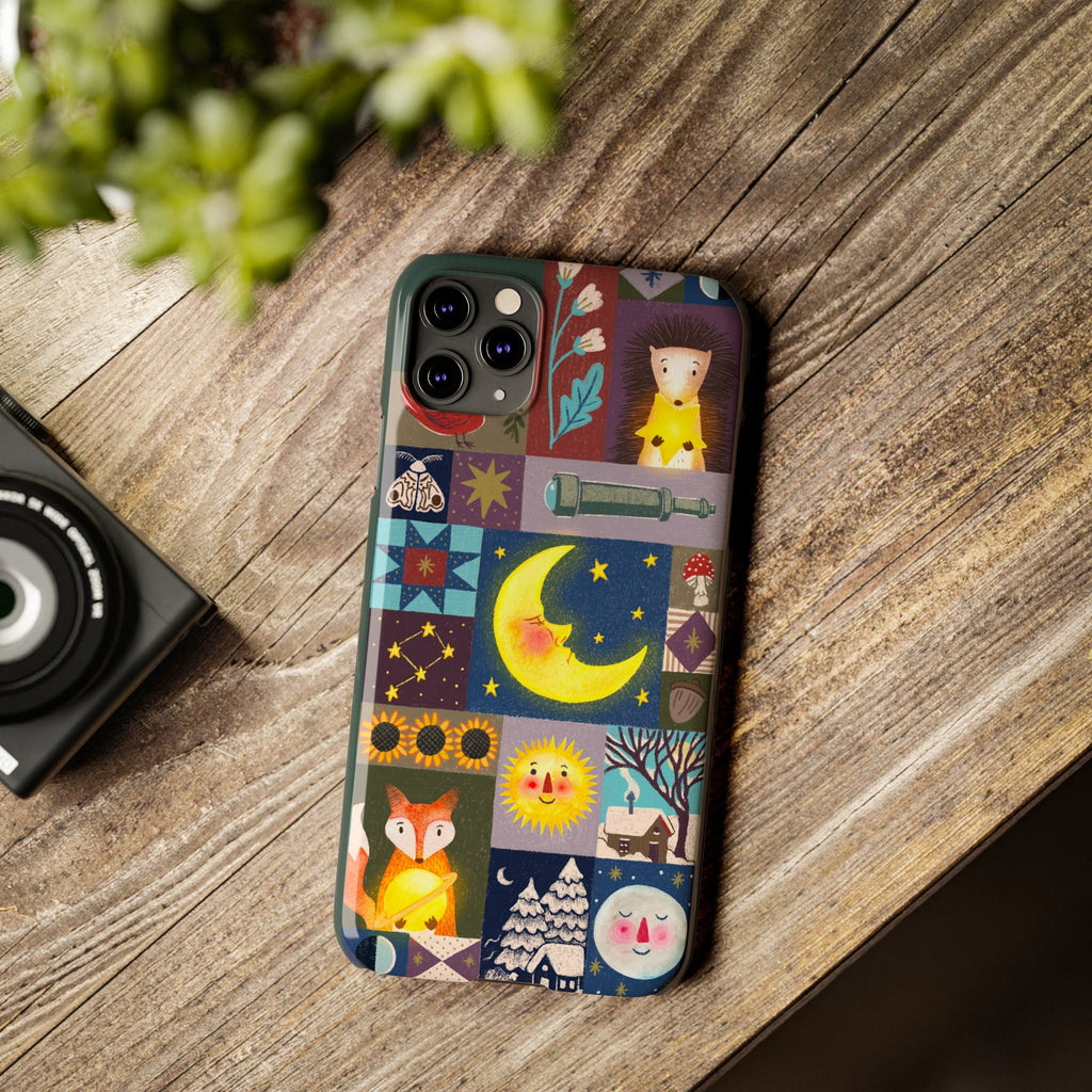 Celestial Quilt iPhone Case, Folk Art Moon Sun Fox Case, Nature Patchwork Cover, Cute Stellar Design, iPhone 7 8 X XR XS 11 12 13 14 15 16