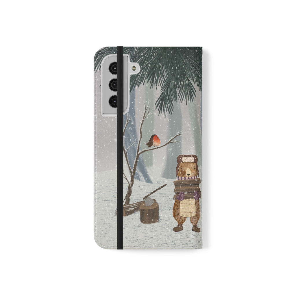 Winter Forest Friends Wallet Case, Woodland Flip Cover, Vegan Leather, Snowy Scene, Cozy Holiday, iPhone 11 12 13 14 15 16, Galaxy S21 S22