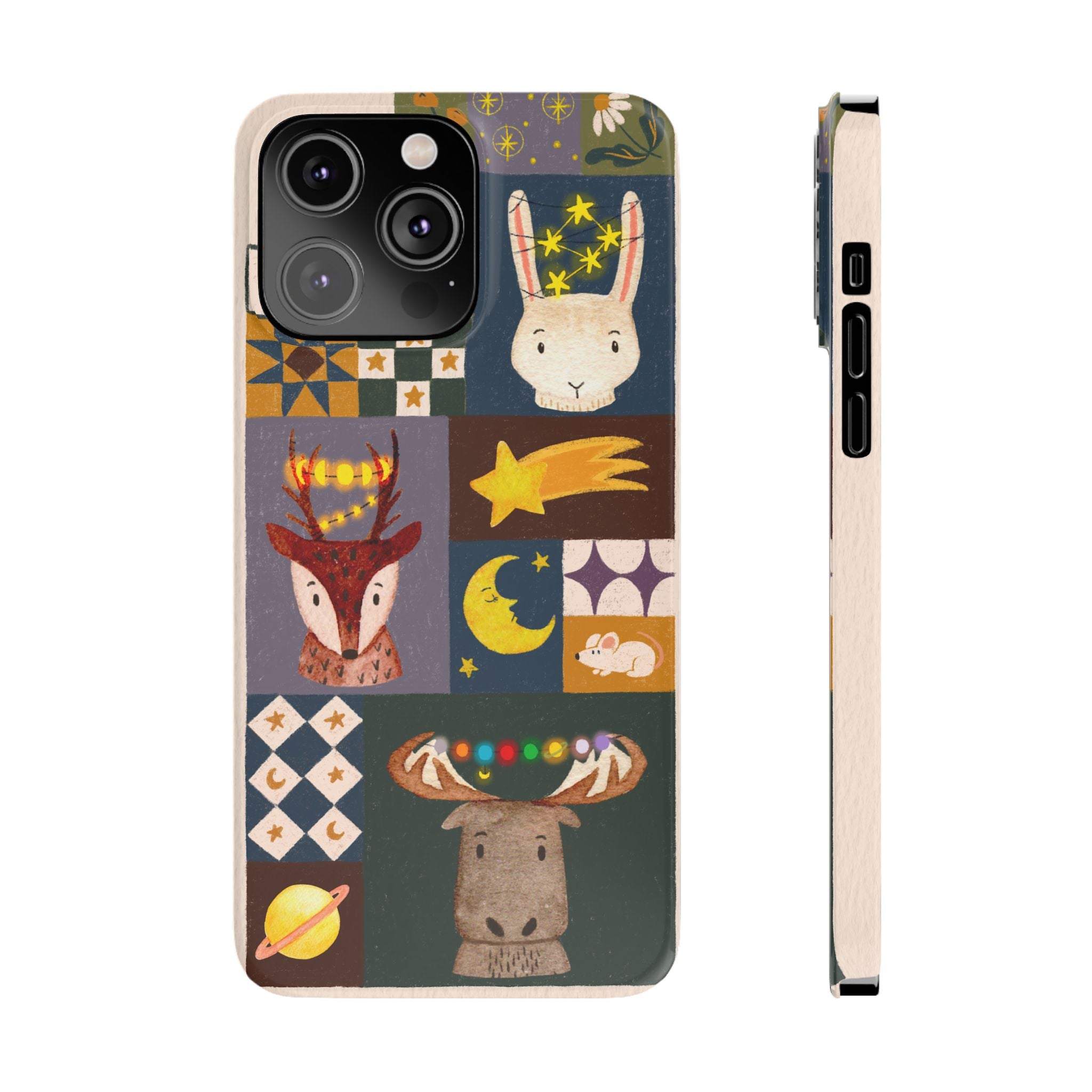 Holiday Night Sky Slim Case, Cute Forest Creatures iPhone Cover, Bunny Deer Moose, iPhone 7 8 X XR XS 11 12 13 14 15 16