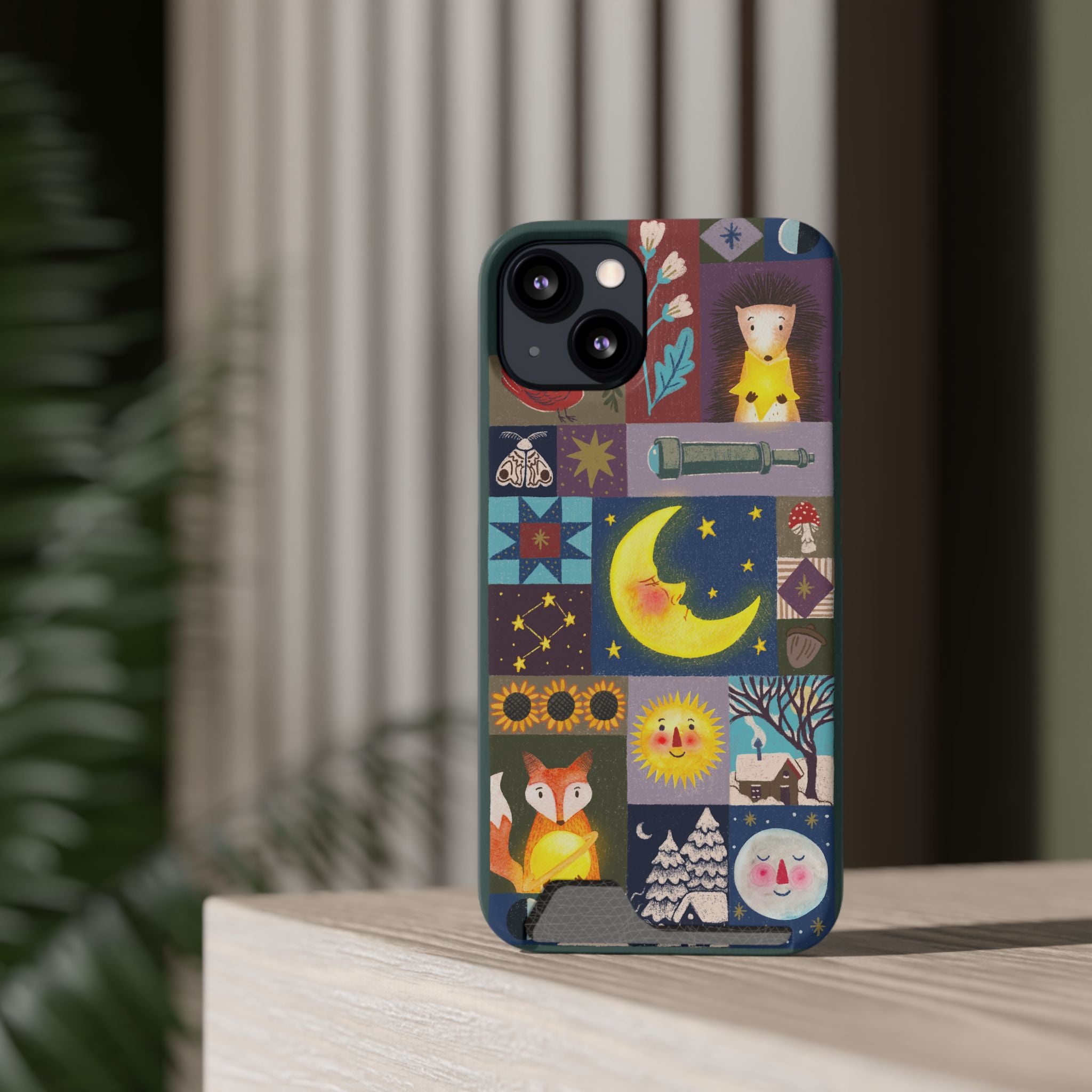 Magical Celestial Patchwork Phone Card Case - Cute Forest Animals Design, Perfect Gift for Nature Lovers, Kids & Adults, Ideal for Birthdays