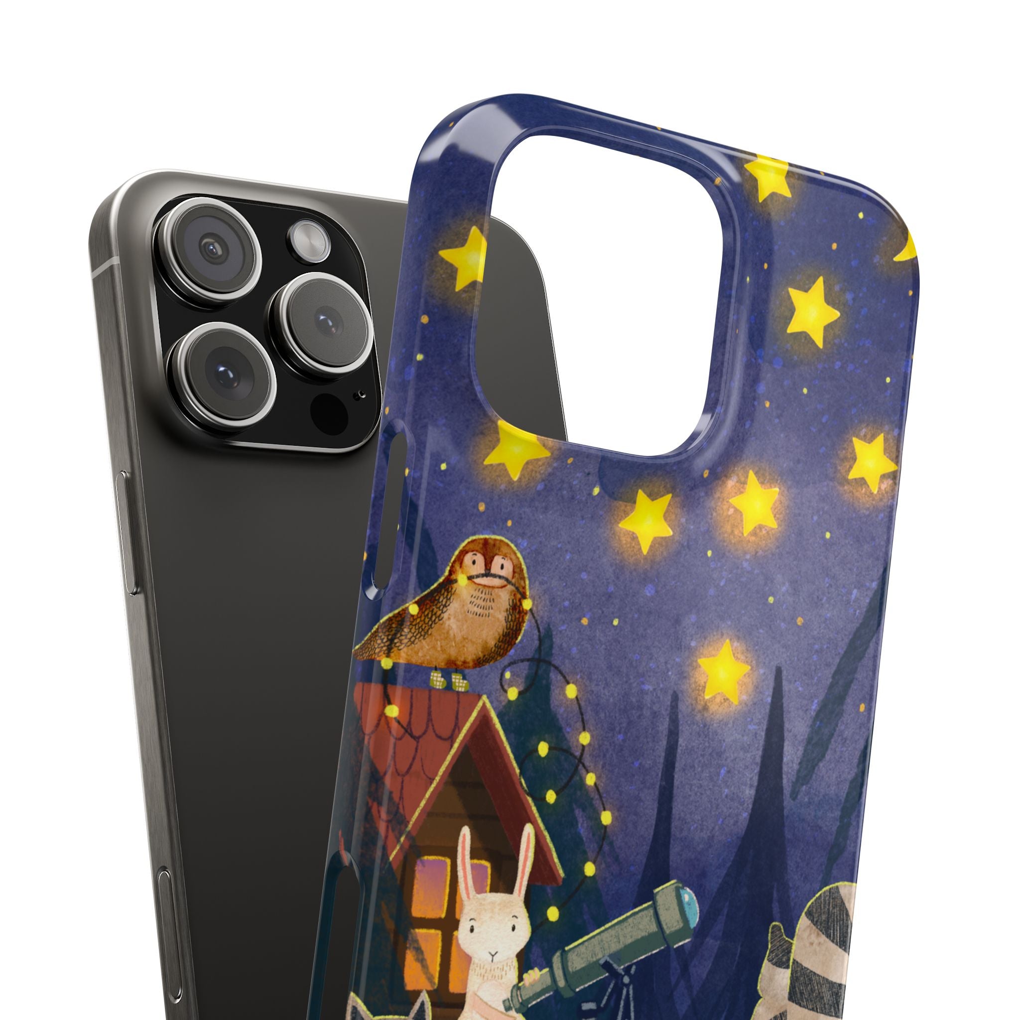 Stargazing Animals Slim iPhone Case, Night Sky Observatory Cover, Cute Forest Gift, Starry Night Gift, iPhone 16 15 14 13 12 11 X XR XS 8 7