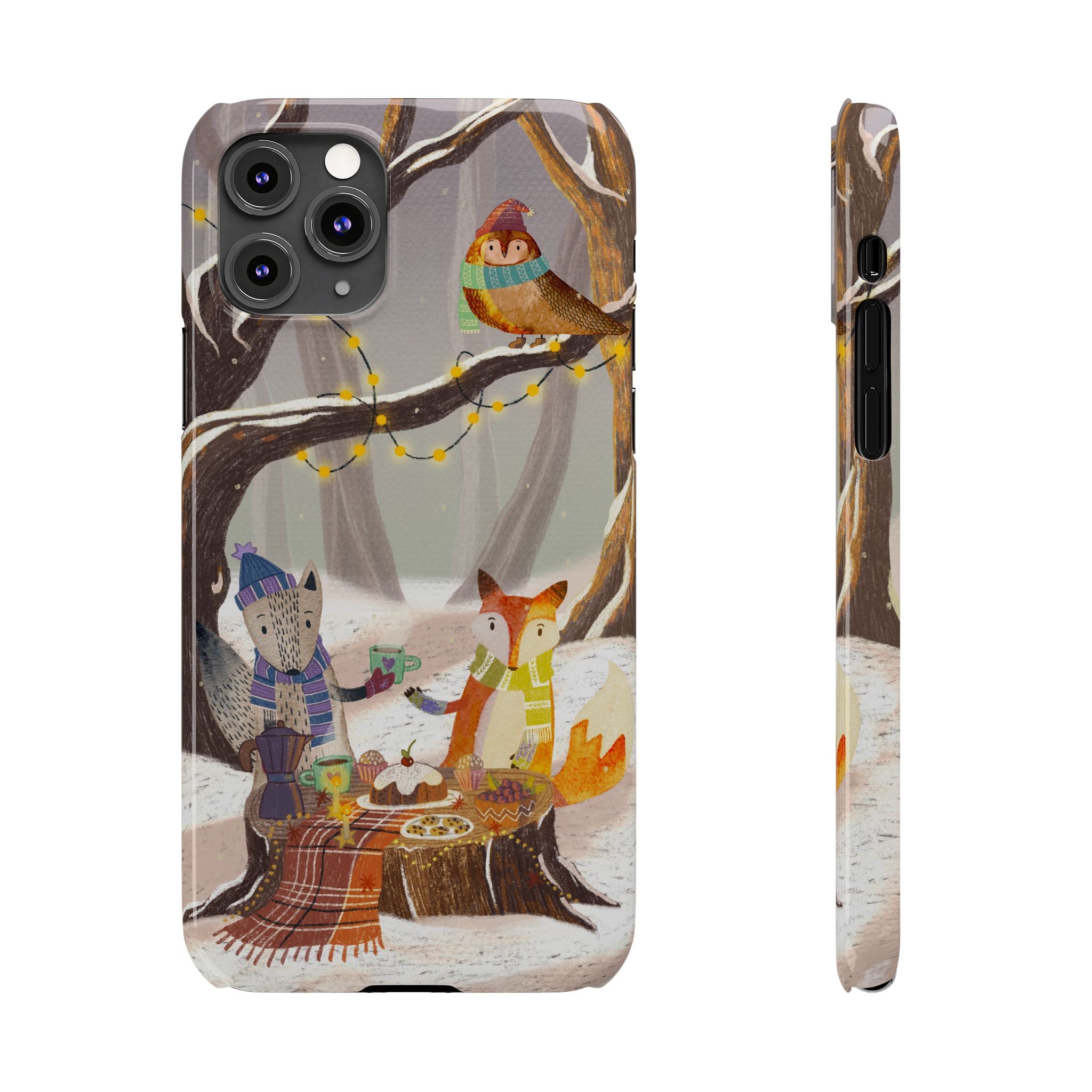 Cozy Winter Animals Slim iPhone Case, Cute Fox & Owl Design, Winter Theme Holiday Gift, Cute Phone Cover Gift, iPhone 16 15 14 13 12 11 X XR
