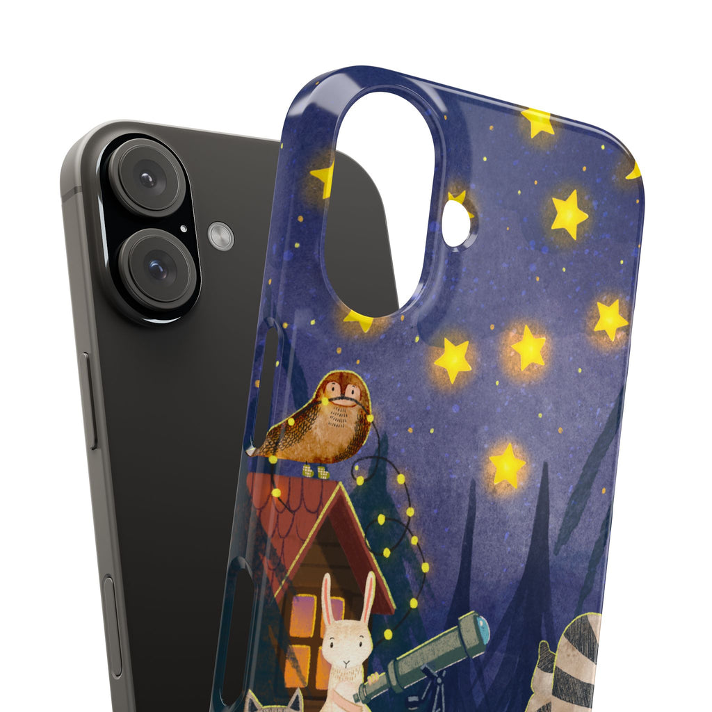 Stargazing Animals Slim iPhone Case, Night Sky Observatory Cover, Cute Forest Gift, Starry Night Gift, iPhone 16 15 14 13 12 11 X XR XS 8 7