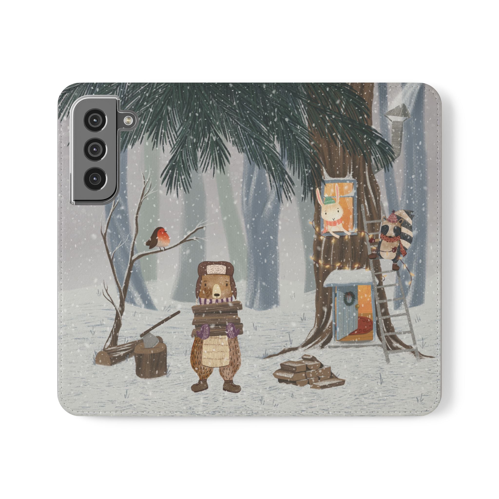 Winter Forest Friends Wallet Case, Woodland Flip Cover, Vegan Leather, Snowy Scene, Cozy Holiday, iPhone 11 12 13 14 15 16, Galaxy S21 S22