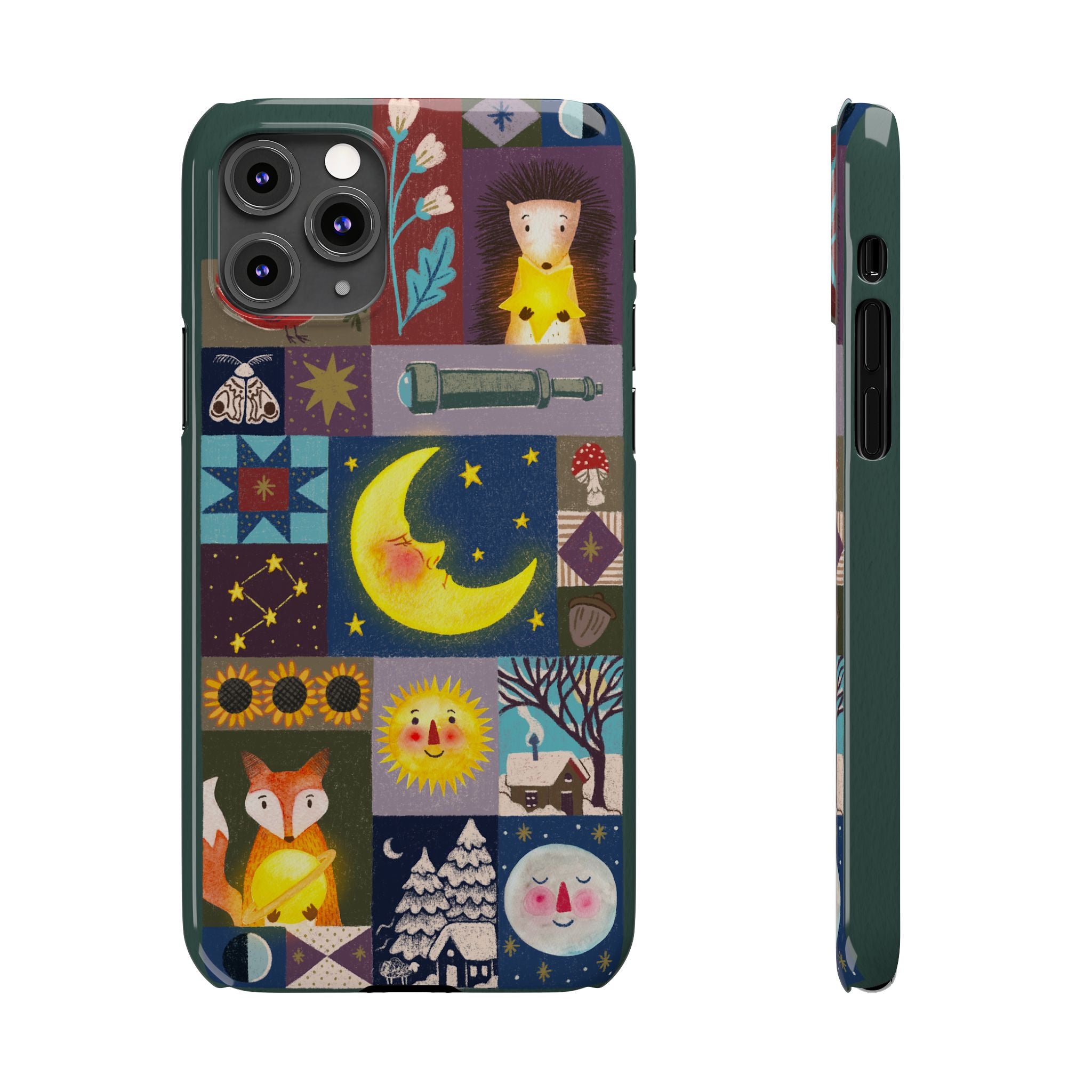 Celestial Quilt iPhone Case, Folk Art Moon Sun Fox Case, Nature Patchwork Cover, Cute Stellar Design, iPhone 7 8 X XR XS 11 12 13 14 15 16
