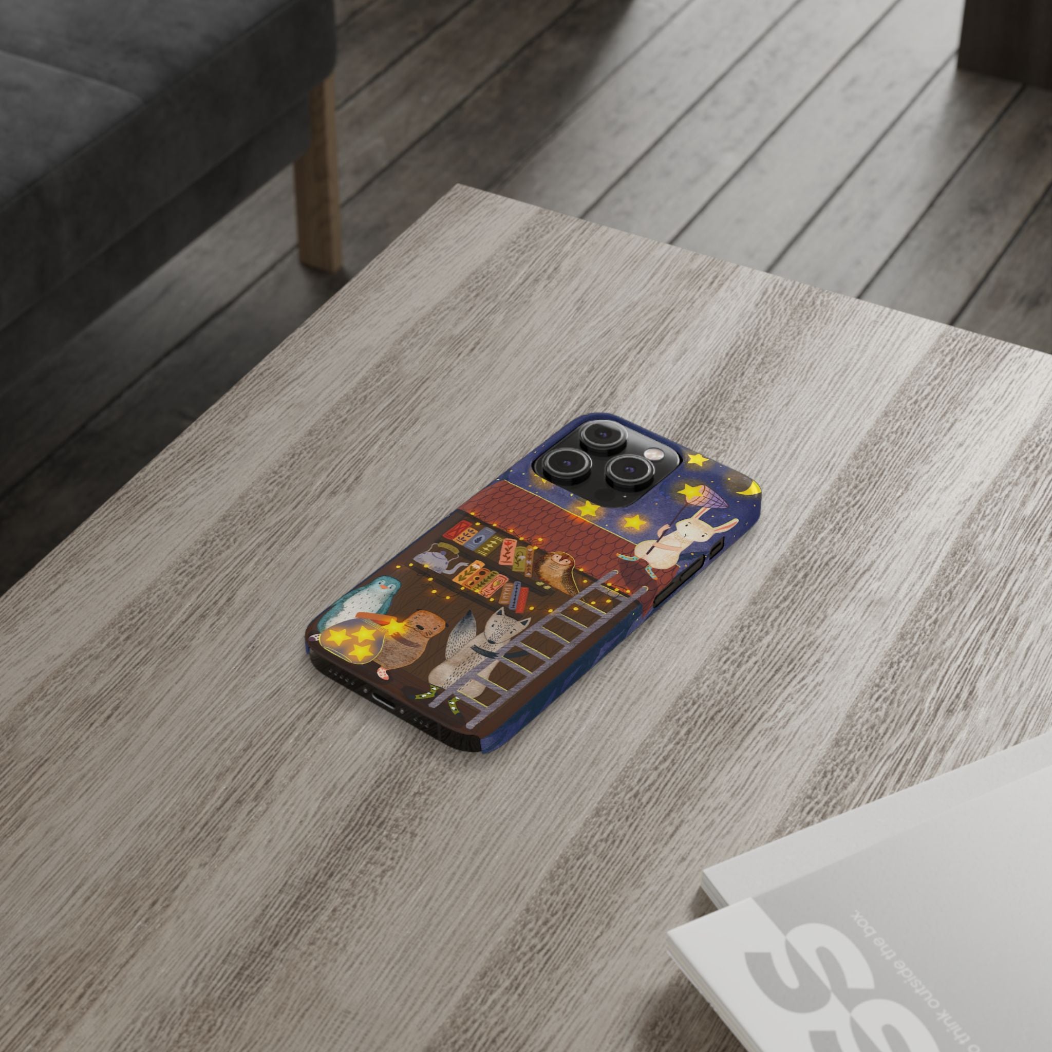 Starlit Library Phone Case, Woodland Animals iPhone Case, Cozy Night Scene Cover, Cute Animals Case Gift, iPhone 7 8 X XR 11 12 13 14 15 16