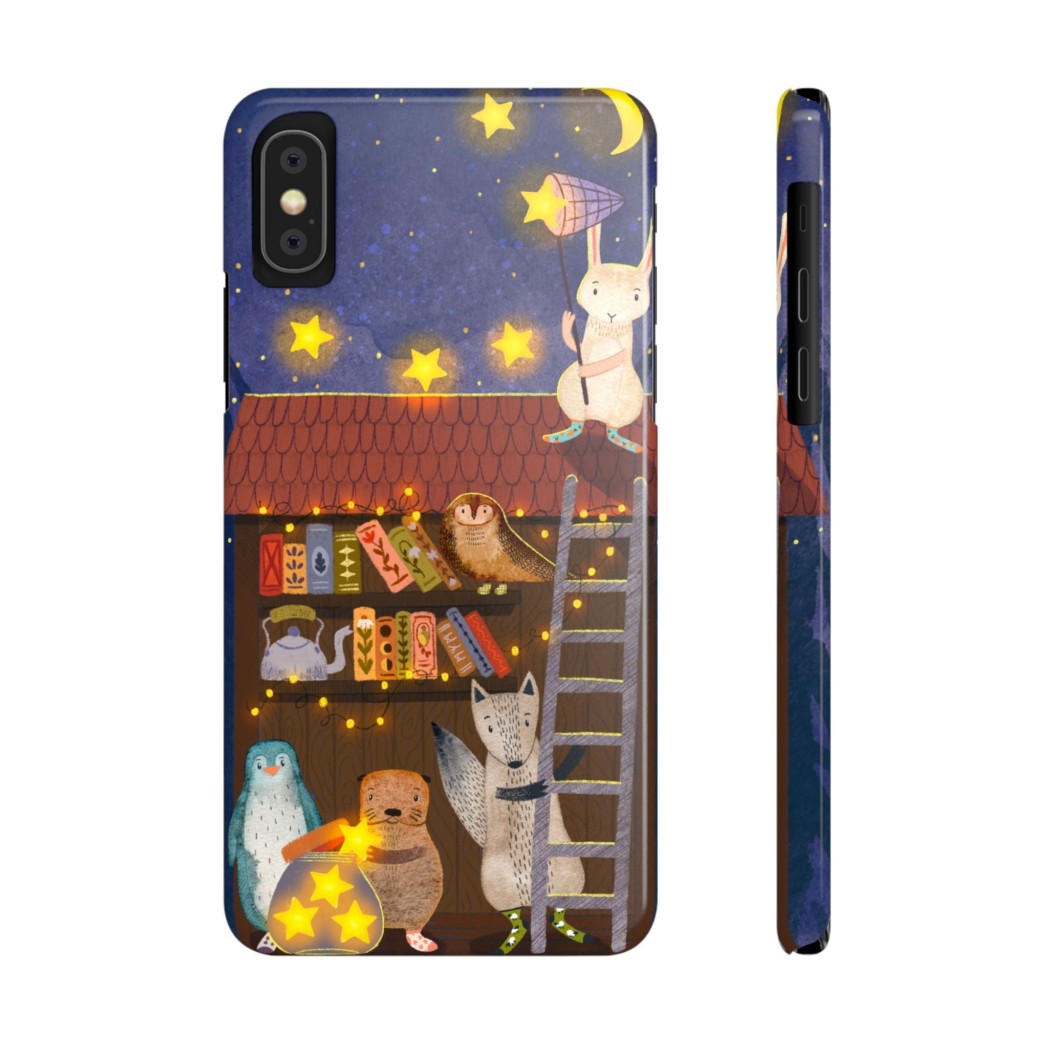 Starlit Library Phone Case, Woodland Animals iPhone Case, Cozy Night Scene Cover, Cute Animals Case Gift, iPhone 7 8 X XR 11 12 13 14 15 16