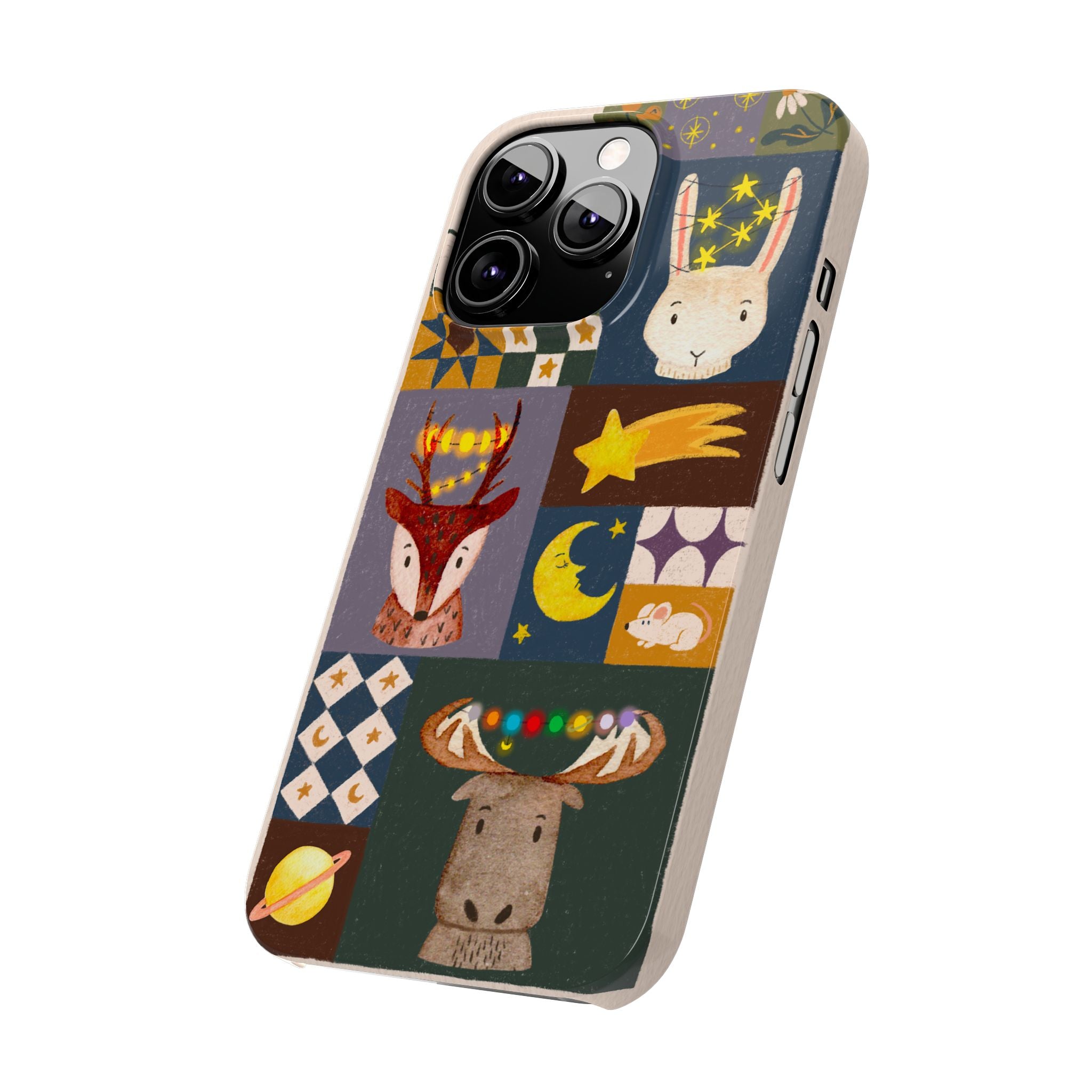 Holiday Night Sky Slim Case, Cute Forest Creatures iPhone Cover, Bunny Deer Moose, iPhone 7 8 X XR XS 11 12 13 14 15 16