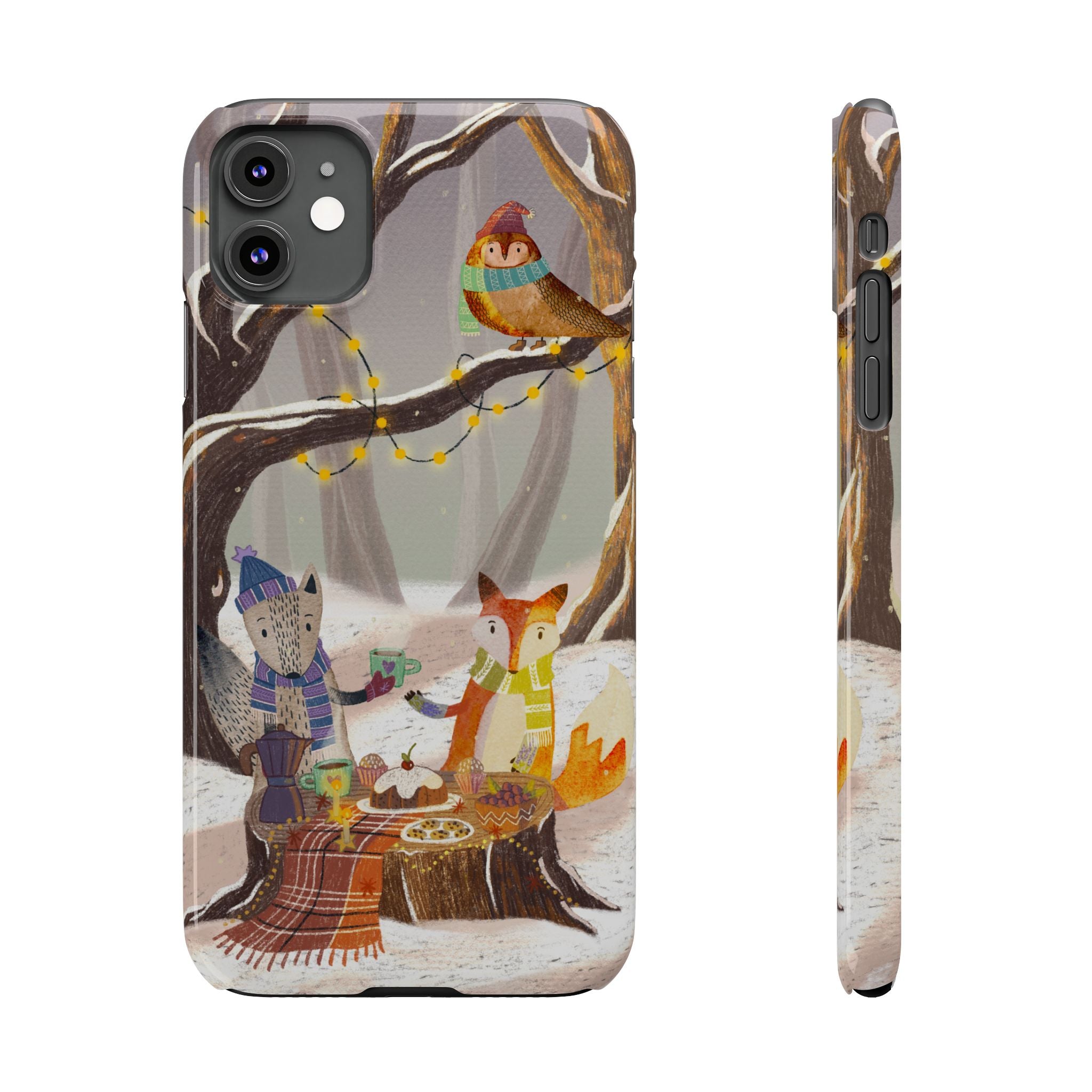 Cozy Winter Animals Slim iPhone Case, Cute Fox & Owl Design, Winter Theme Holiday Gift, Cute Phone Cover Gift, iPhone 16 15 14 13 12 11 X XR
