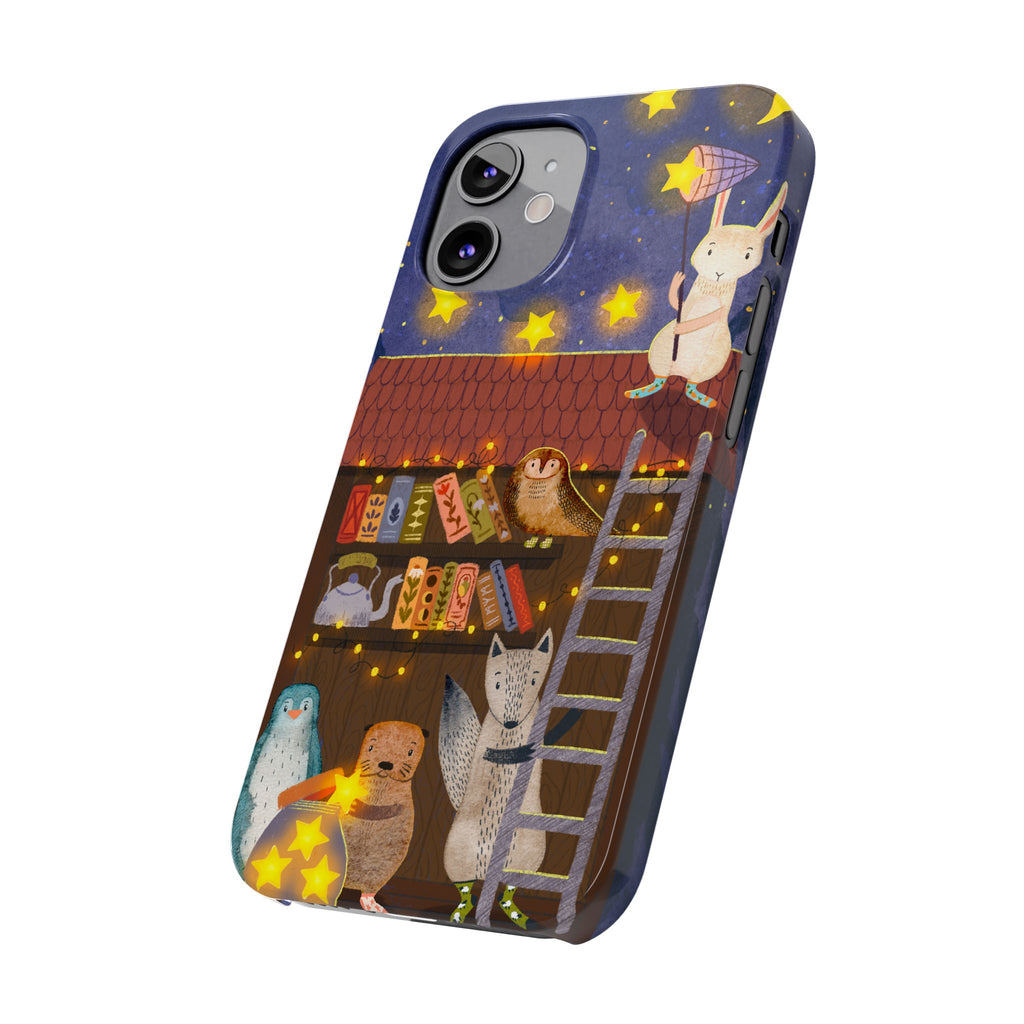 Starlit Library Phone Case, Woodland Animals iPhone Case, Cozy Night Scene Cover, Cute Animals Case Gift, iPhone 7 8 X XR 11 12 13 14 15 16