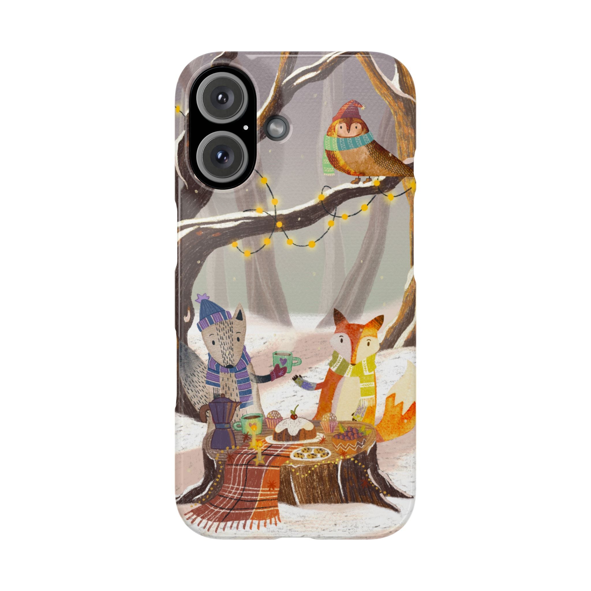 Cozy Winter Animals Slim iPhone Case, Cute Fox & Owl Design, Winter Theme Holiday Gift, Cute Phone Cover Gift, iPhone 16 15 14 13 12 11 X XR