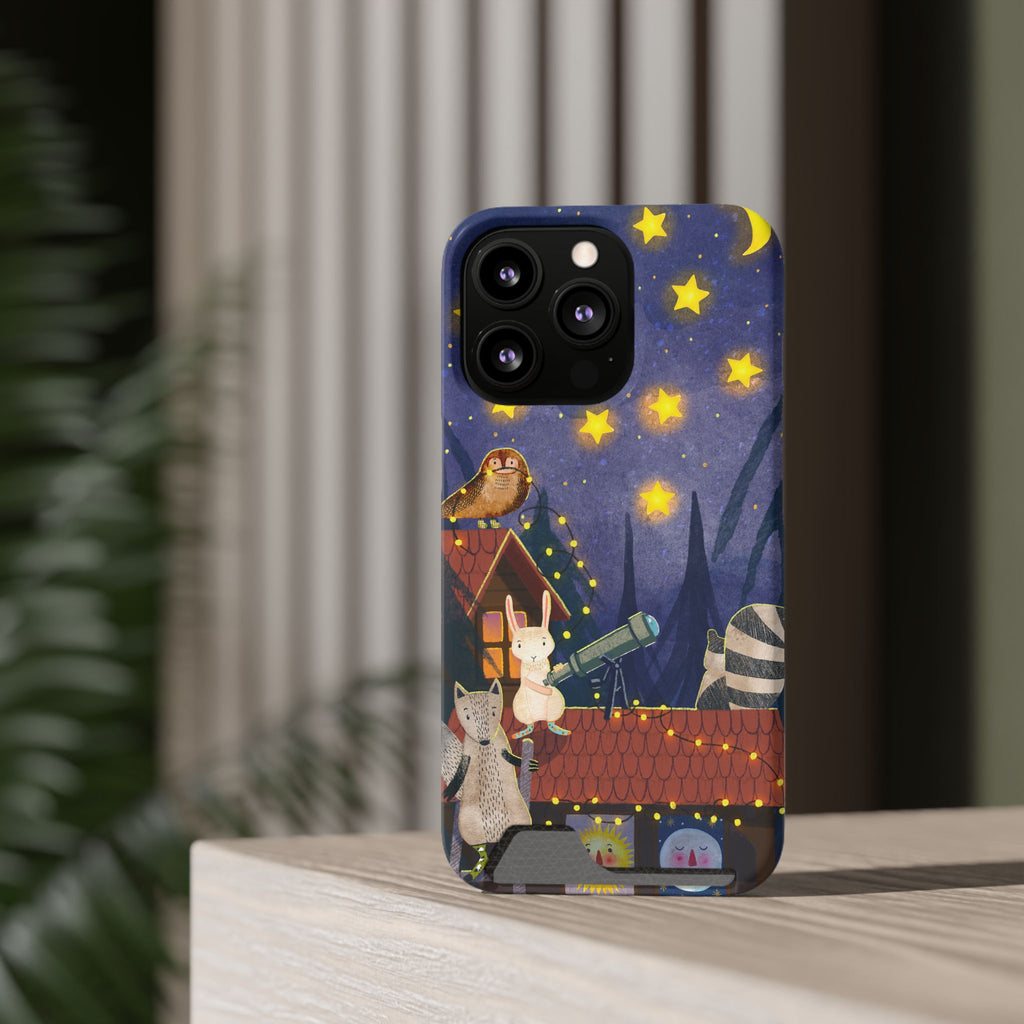Stargazing Animals Phone Case With Card Holder - Cute Animal Design for Kids, Gift for Urban Explorers, Night Sky Vibes, Fun Accessory