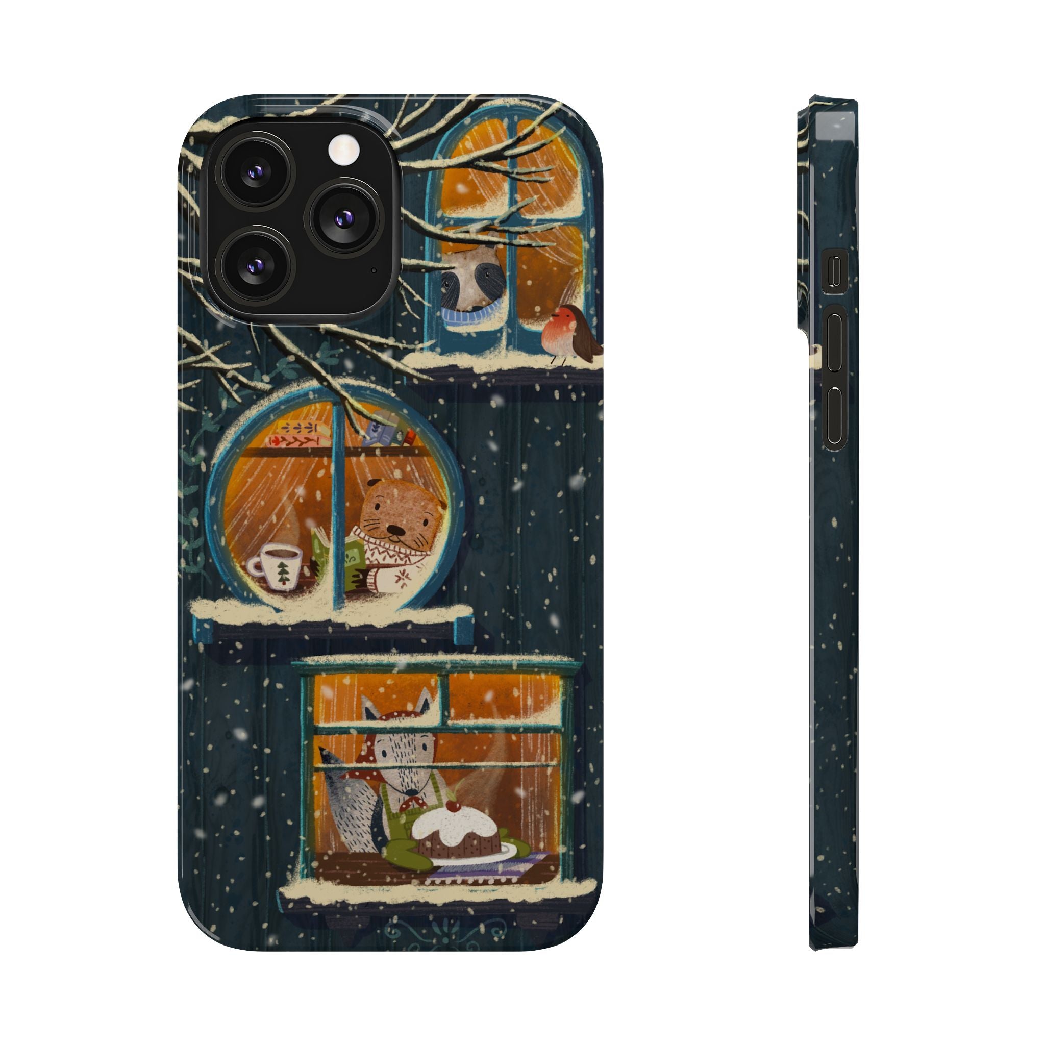 Cute Winter Animals Cozy Home iPhone Case, Woodland Cottage Cover, Treehouse at Night, Raccoon Bear Fox, iPhone 16 15 14 13 12 11 X XR 8 7