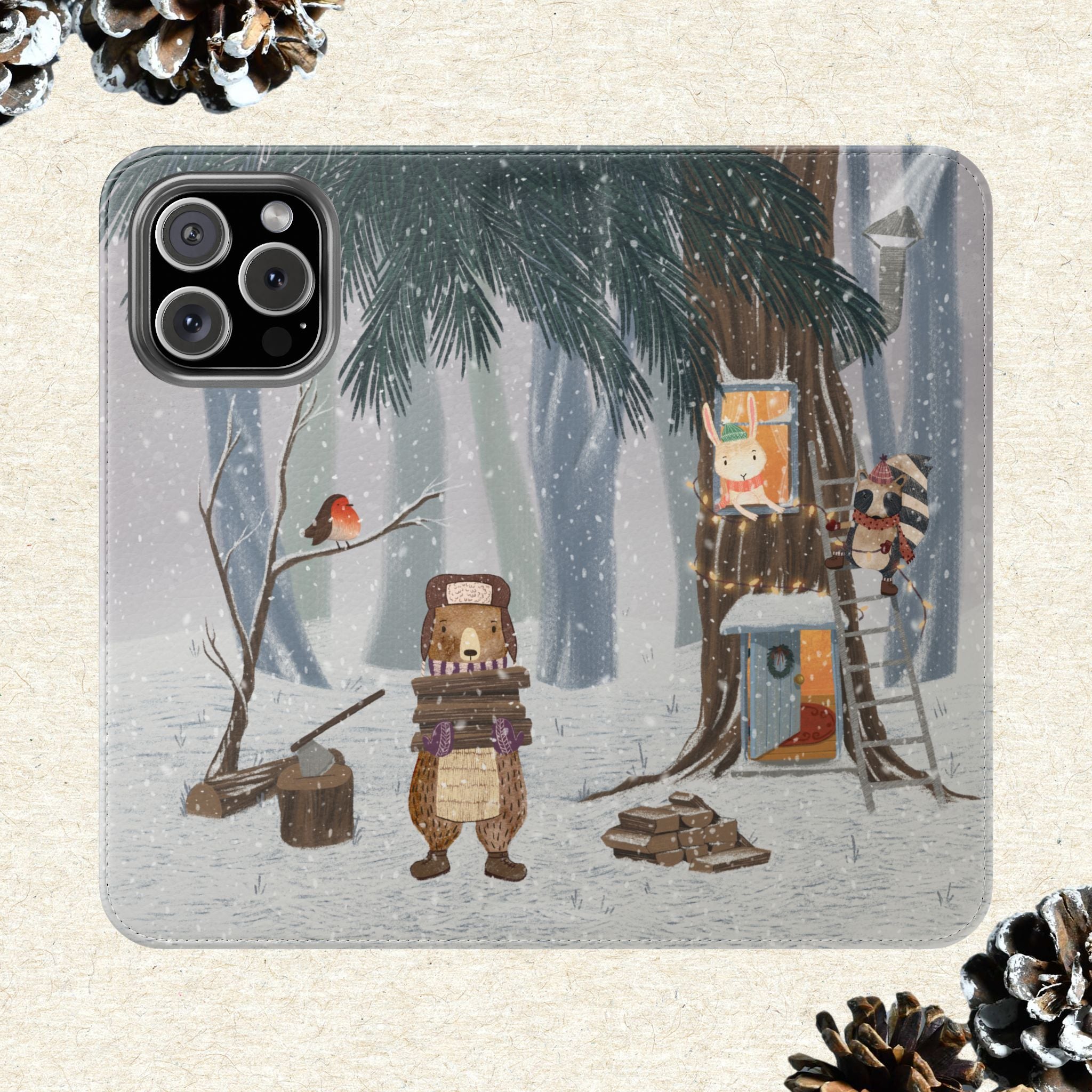 Winter Forest Friends Wallet Case, Woodland Flip Cover, Vegan Leather, Snowy Scene, Cozy Holiday, iPhone 11 12 13 14 15 16, Galaxy S21 S22