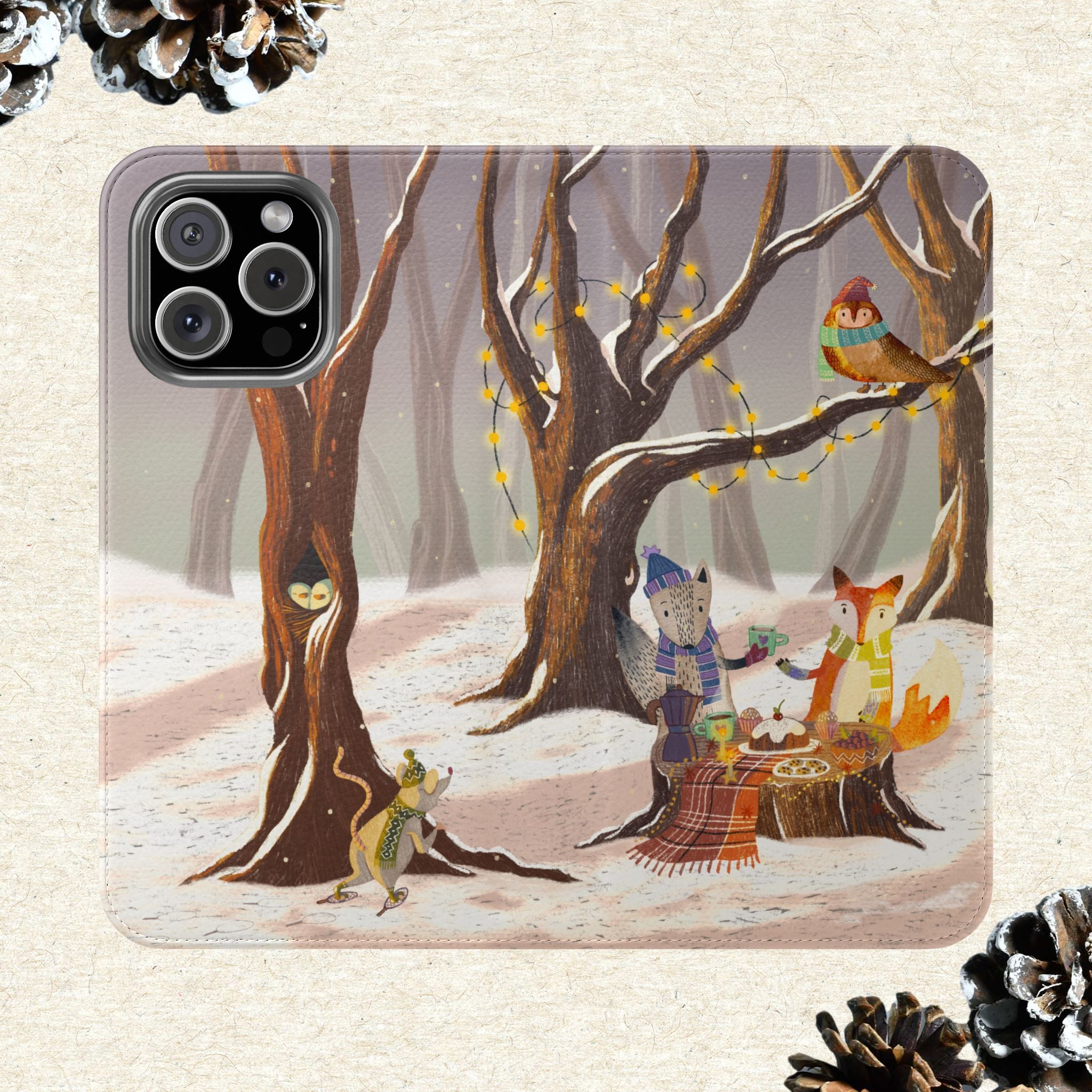 Winter Forest Tea Party Wallet Case, Woodland Animals Phone Flip Cover, Vegan Leather Case, iPhone 11 12 13 14 15 16, Galaxy Ultra S21 S22