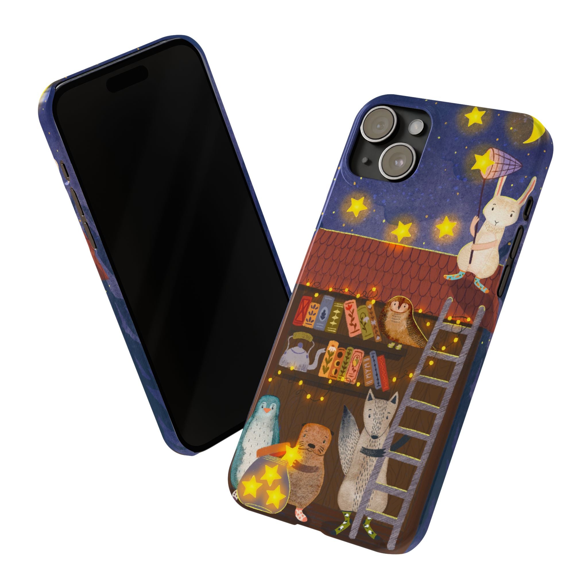 Starlit Library Phone Case, Woodland Animals iPhone Case, Cozy Night Scene Cover, Cute Animals Case Gift, iPhone 7 8 X XR 11 12 13 14 15 16