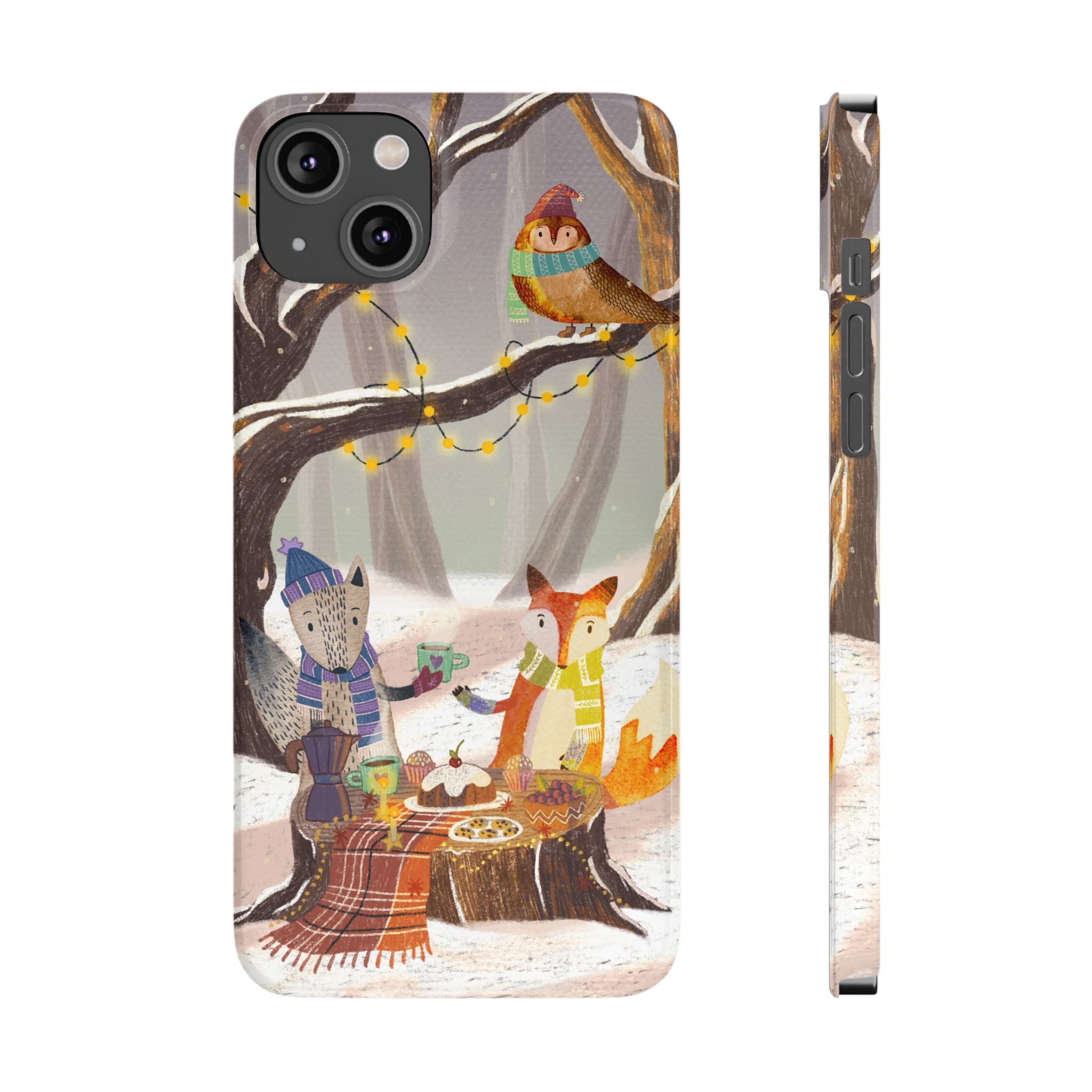 Cozy Winter Animals Slim iPhone Case, Cute Fox & Owl Design, Winter Theme Holiday Gift, Cute Phone Cover Gift, iPhone 16 15 14 13 12 11 X XR