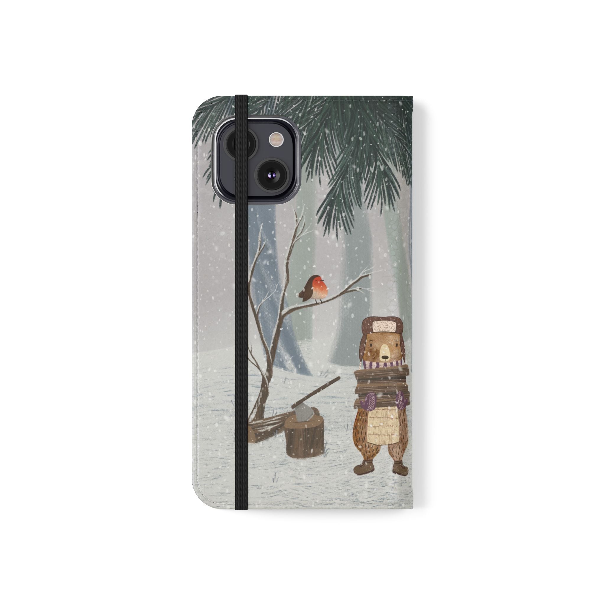 Winter Forest Friends Wallet Case, Woodland Flip Cover, Vegan Leather, Snowy Scene, Cozy Holiday, iPhone 11 12 13 14 15 16, Galaxy S21 S22