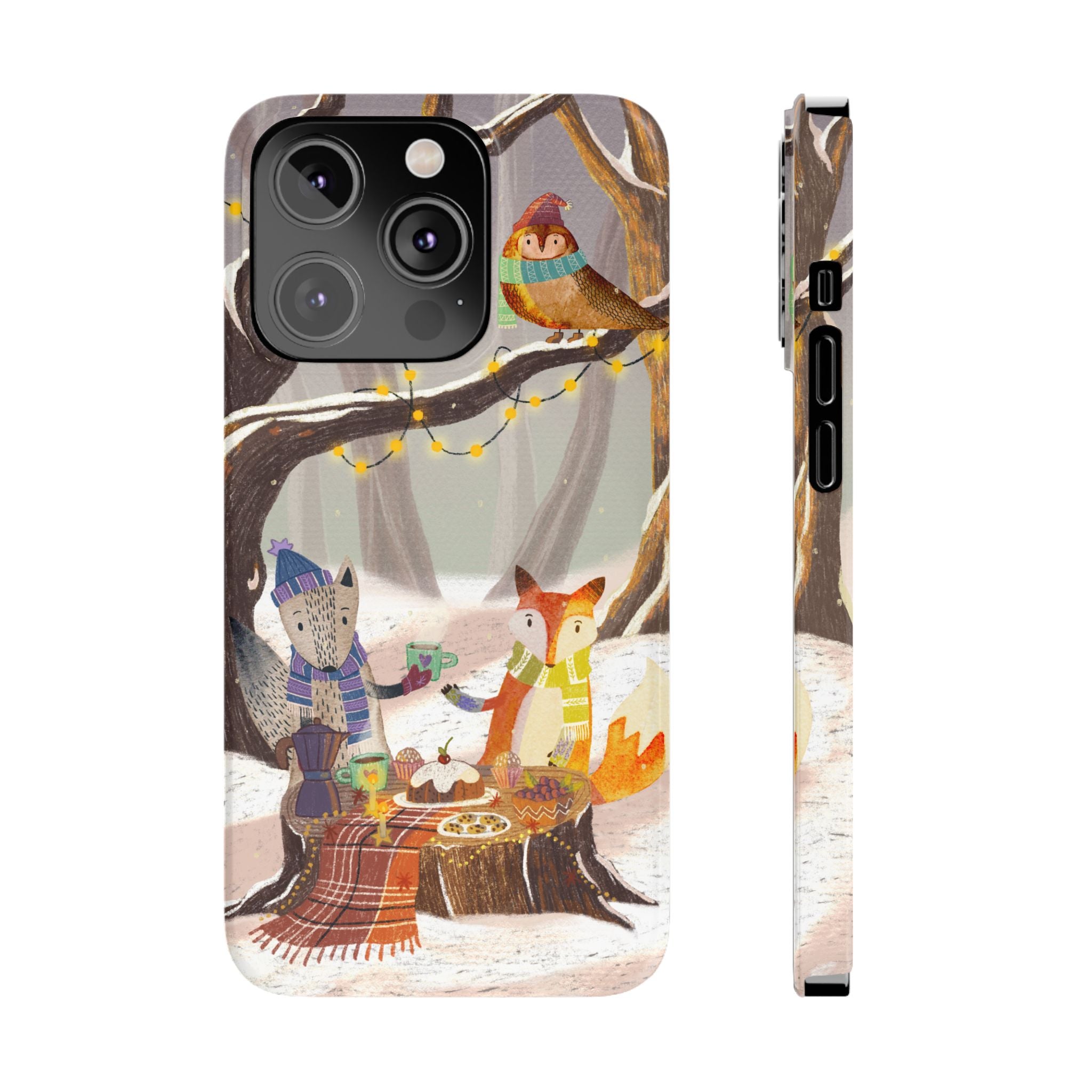 Cozy Winter Animals Slim iPhone Case, Cute Fox & Owl Design, Winter Theme Holiday Gift, Cute Phone Cover Gift, iPhone 16 15 14 13 12 11 X XR