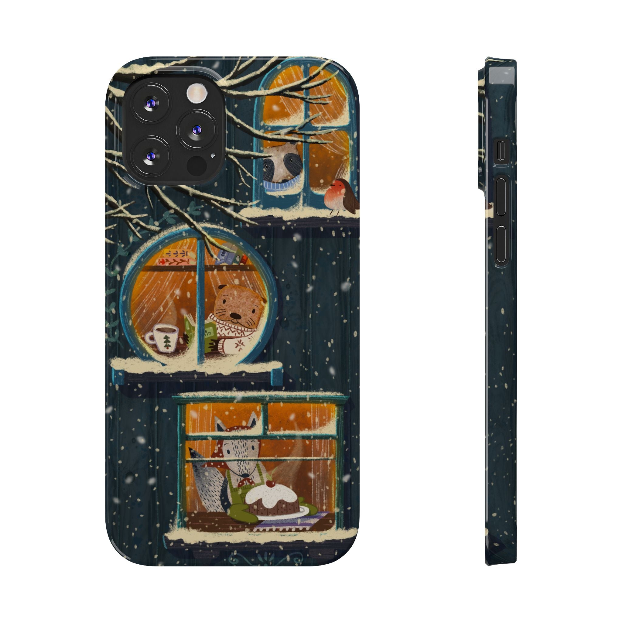 Cute Winter Animals Cozy Home iPhone Case, Woodland Cottage Cover, Treehouse at Night, Raccoon Bear Fox, iPhone 16 15 14 13 12 11 X XR 8 7