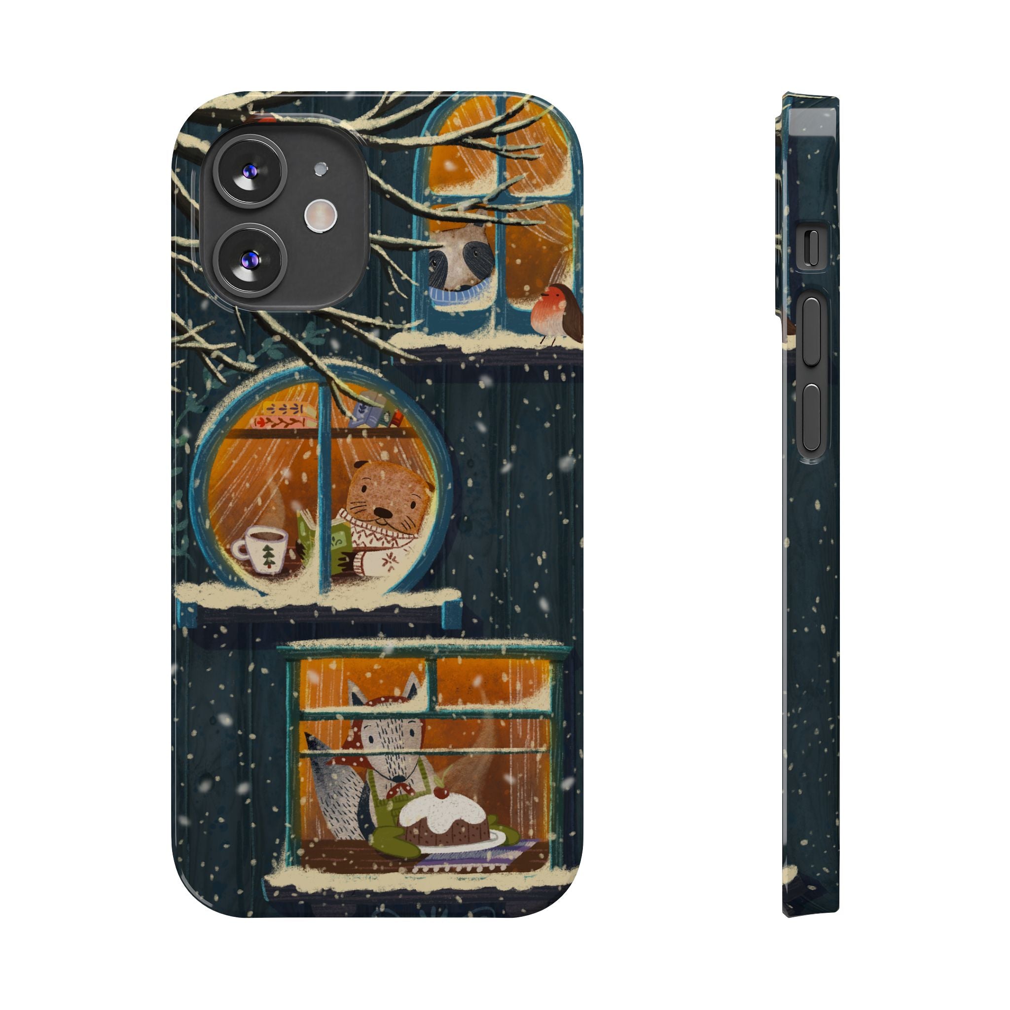 Cute Winter Animals Cozy Home iPhone Case, Woodland Cottage Cover, Treehouse at Night, Raccoon Bear Fox, iPhone 16 15 14 13 12 11 X XR 8 7