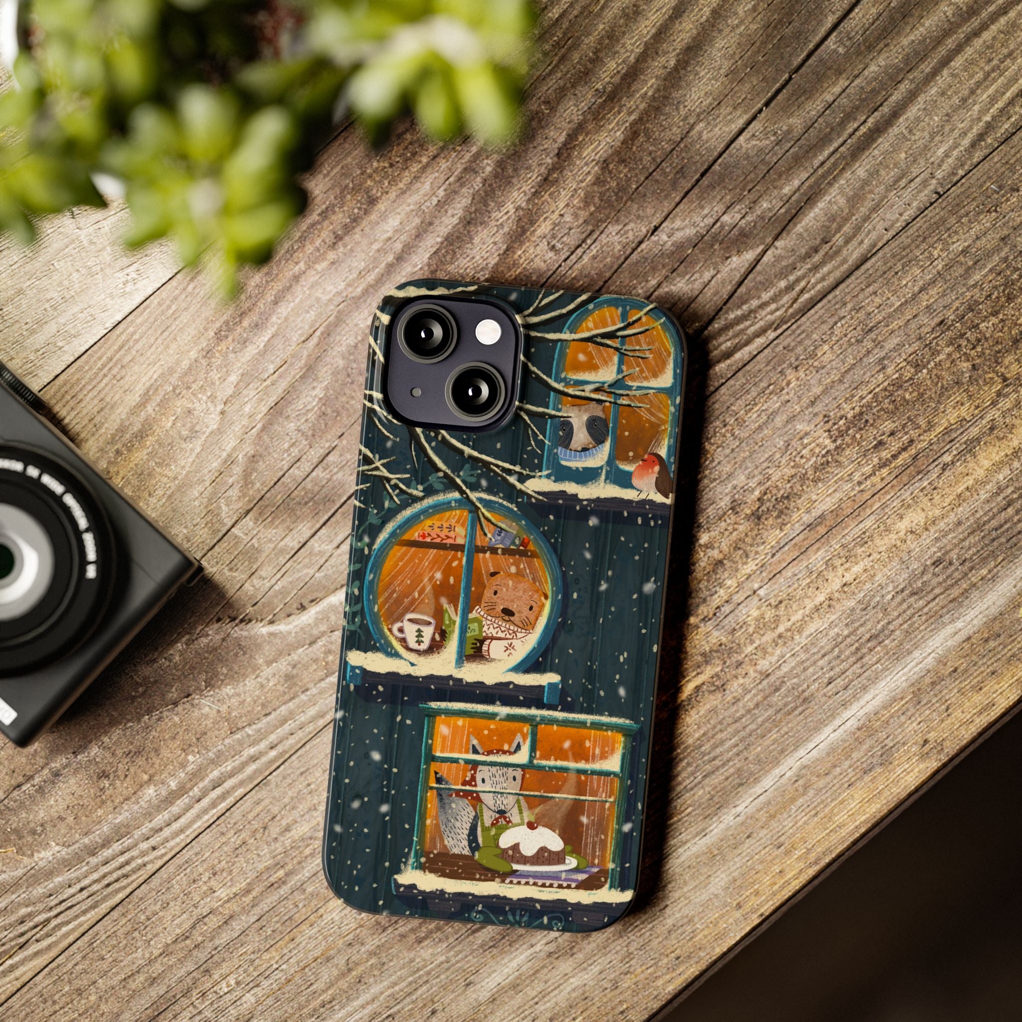 Cute Winter Animals Cozy Home iPhone Case, Woodland Cottage Cover, Treehouse at Night, Raccoon Bear Fox, iPhone 16 15 14 13 12 11 X XR 8 7
