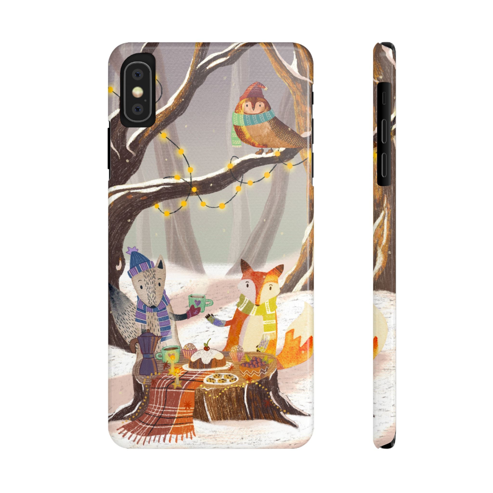 Cozy Winter Animals Slim iPhone Case, Cute Fox & Owl Design, Winter Theme Holiday Gift, Cute Phone Cover Gift, iPhone 16 15 14 13 12 11 X XR