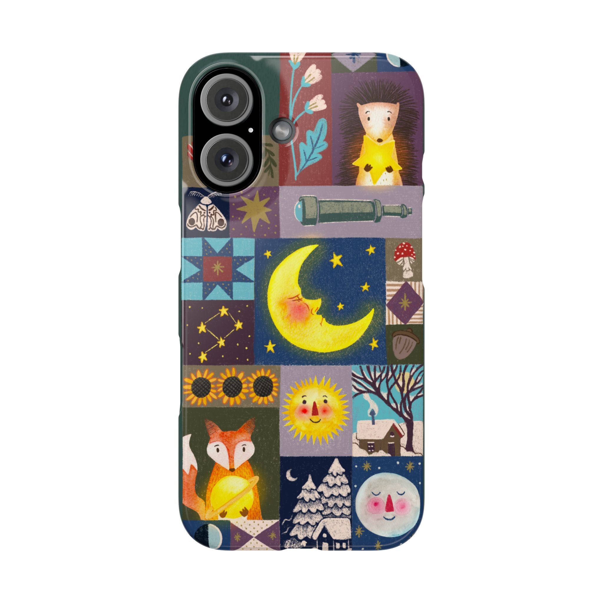Celestial Quilt iPhone Case, Folk Art Moon Sun Fox Case, Nature Patchwork Cover, Cute Stellar Design, iPhone 7 8 X XR XS 11 12 13 14 15 16