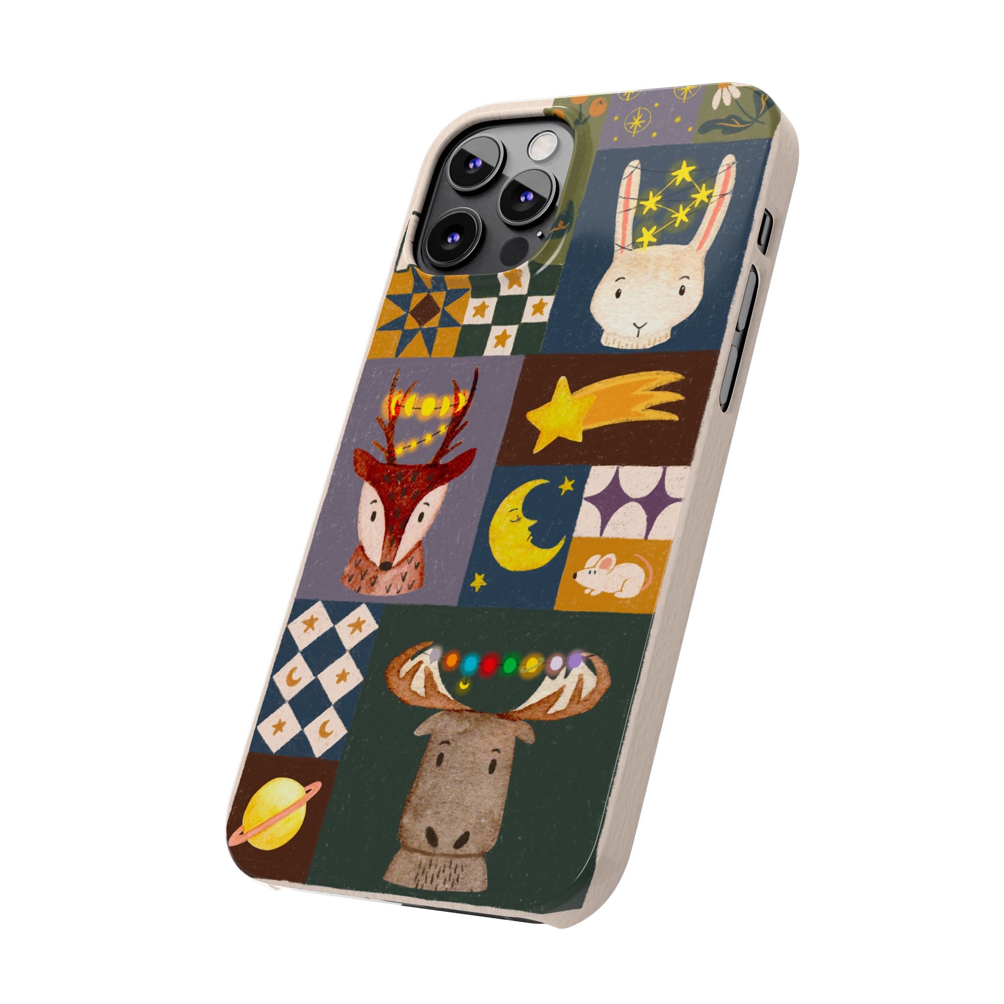 Holiday Night Sky Slim Case, Cute Forest Creatures iPhone Cover, Bunny Deer Moose, iPhone 7 8 X XR XS 11 12 13 14 15 16